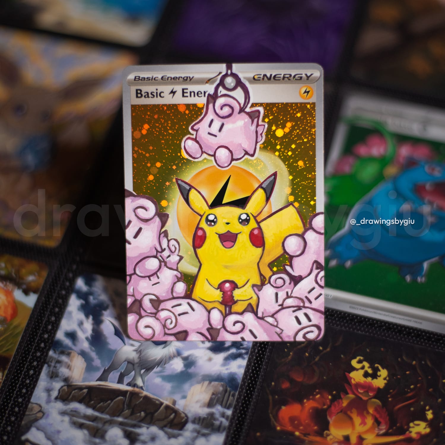 Hand-painted Pikachu with Clefairy dolls on Pokémon card by Giu Magnani.