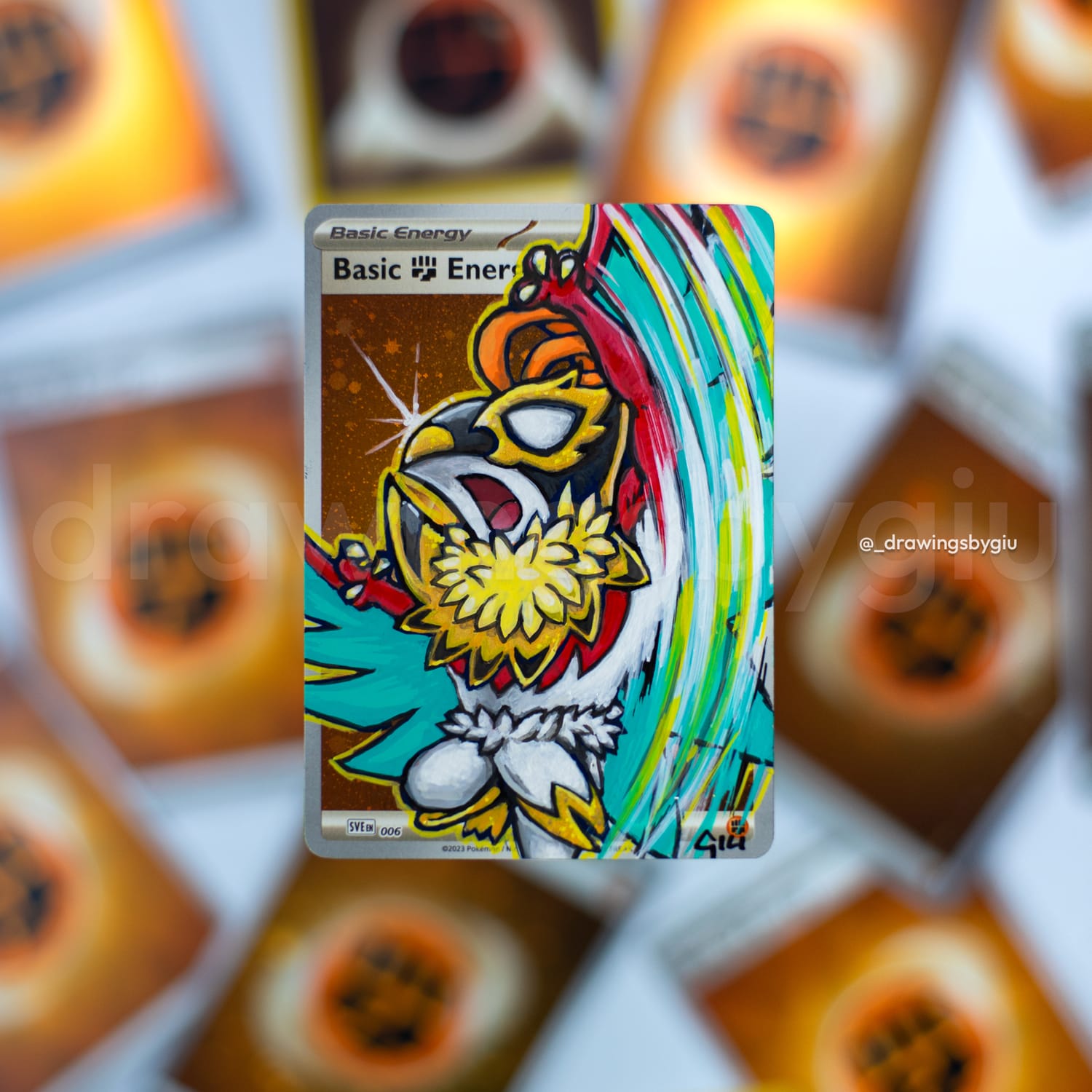 Hand-painted Mega Hawlucha on Pokémon card by Giu Magnani.