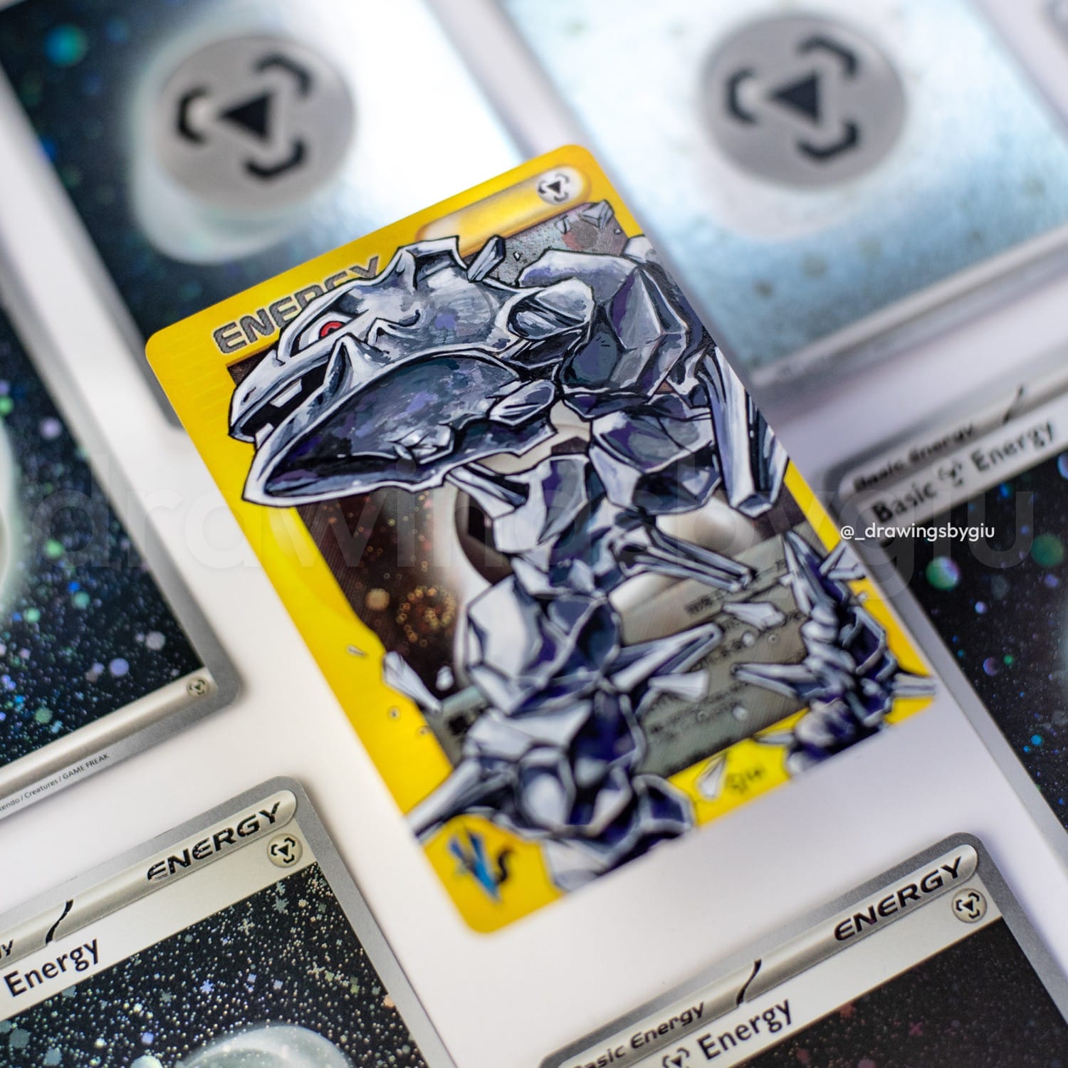 Hand-painted Steelix on Pokémon card by Giu Magnani.