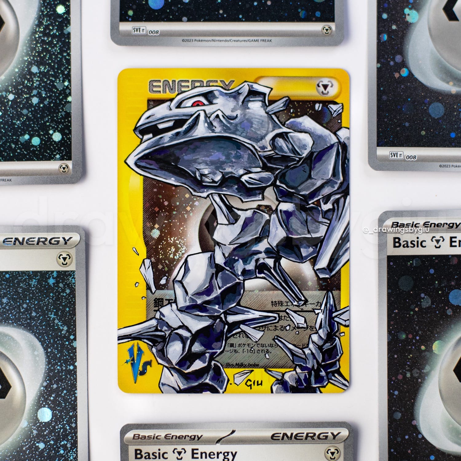 Hand-painted Steelix on Pokémon card by Giu Magnani.