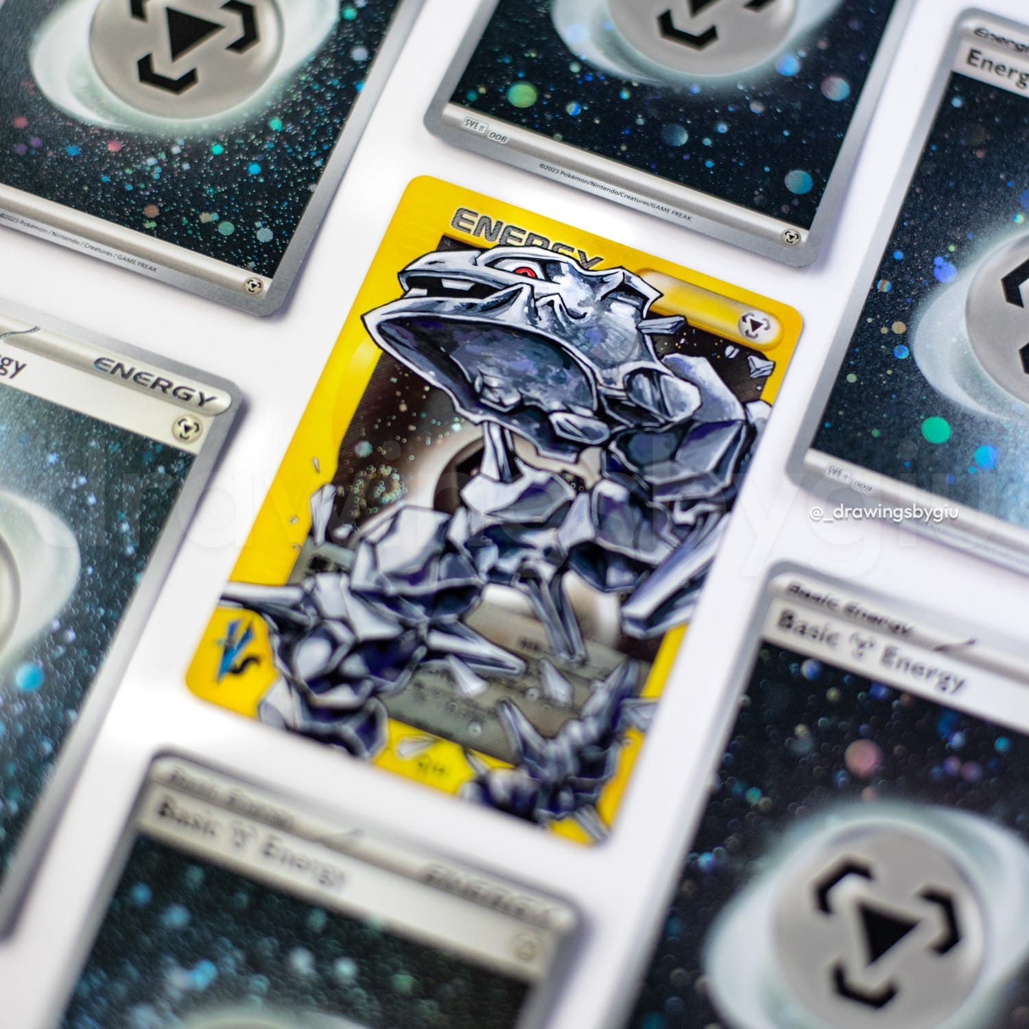 Hand-painted Steelix on Pokémon card by Giu Magnani.
