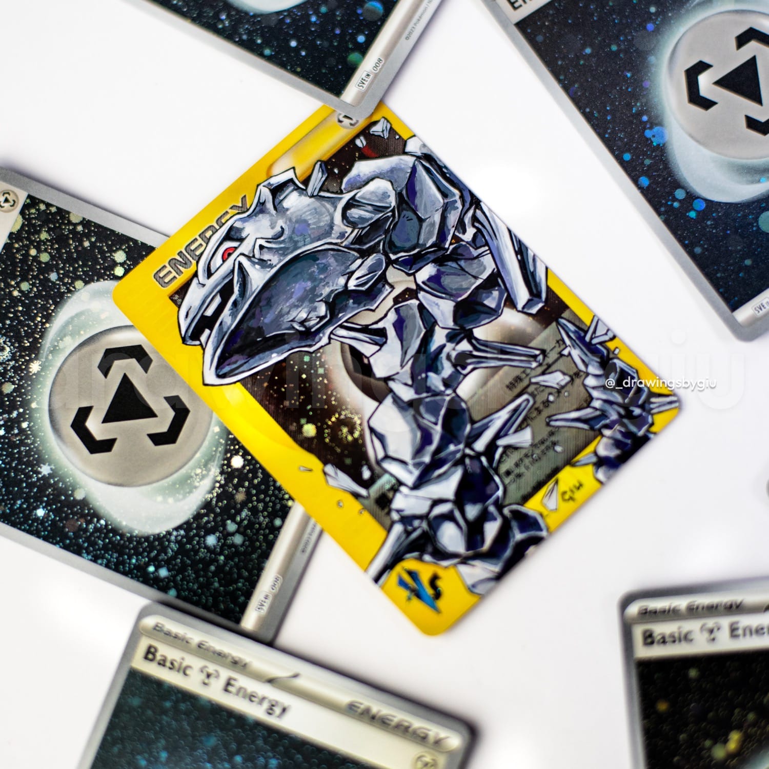 Hand-painted Steelix on Pokémon card by Giu Magnani.