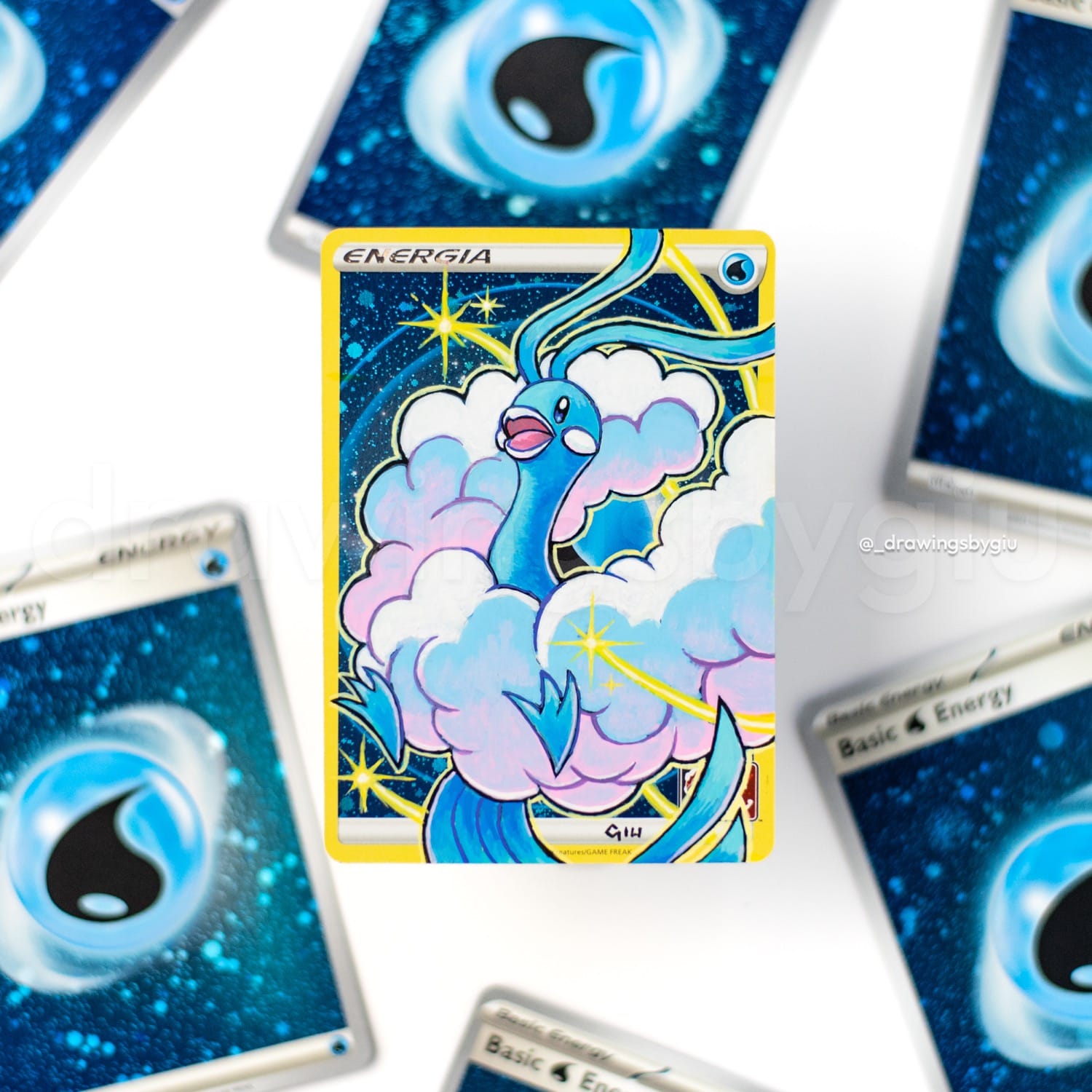 Hand-painted Altaria on Pokémon card by Giu Magnani.
