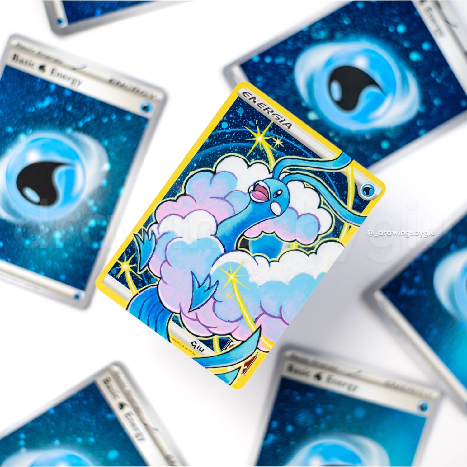 Hand-painted Altaria on Pokémon card by Giu Magnani.