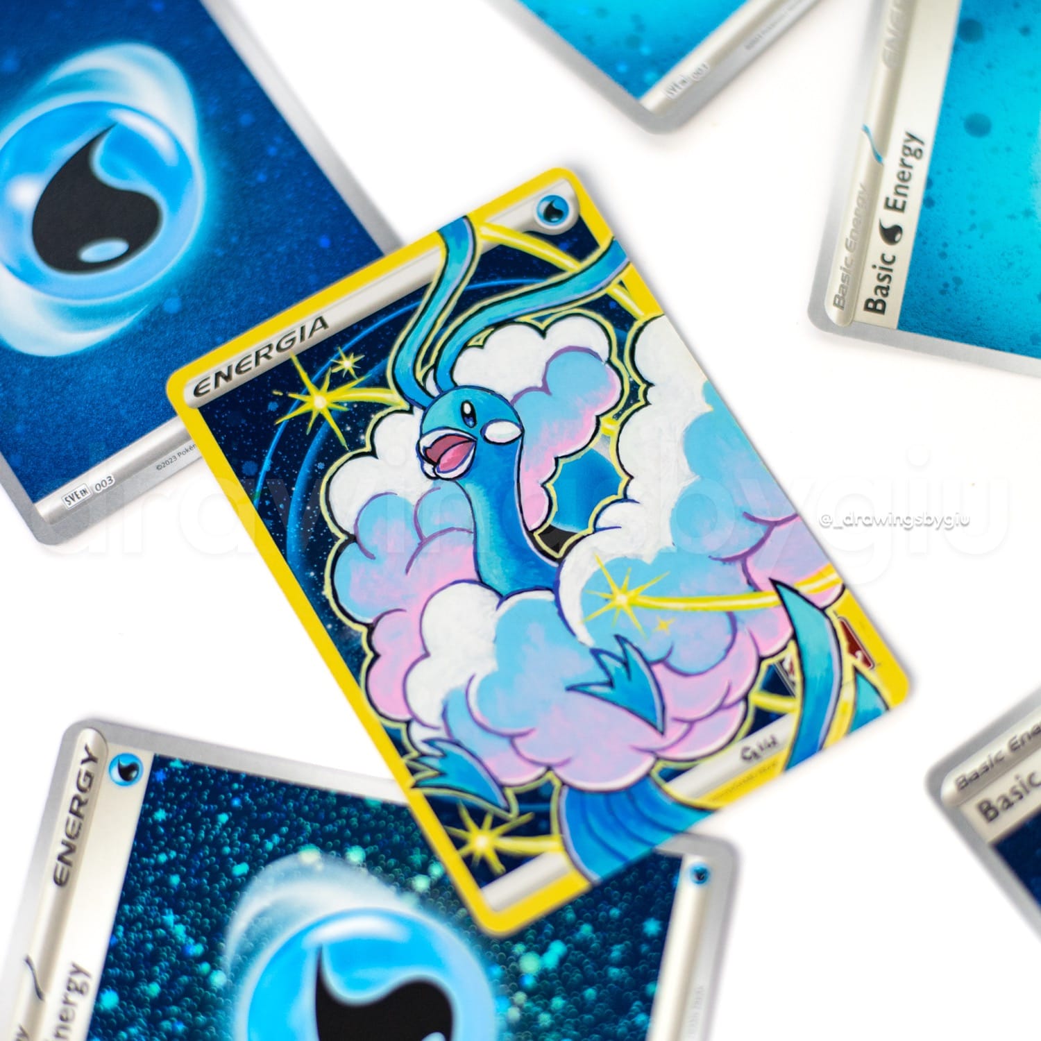 Hand-painted Altaria on Pokémon card by Giu Magnani.