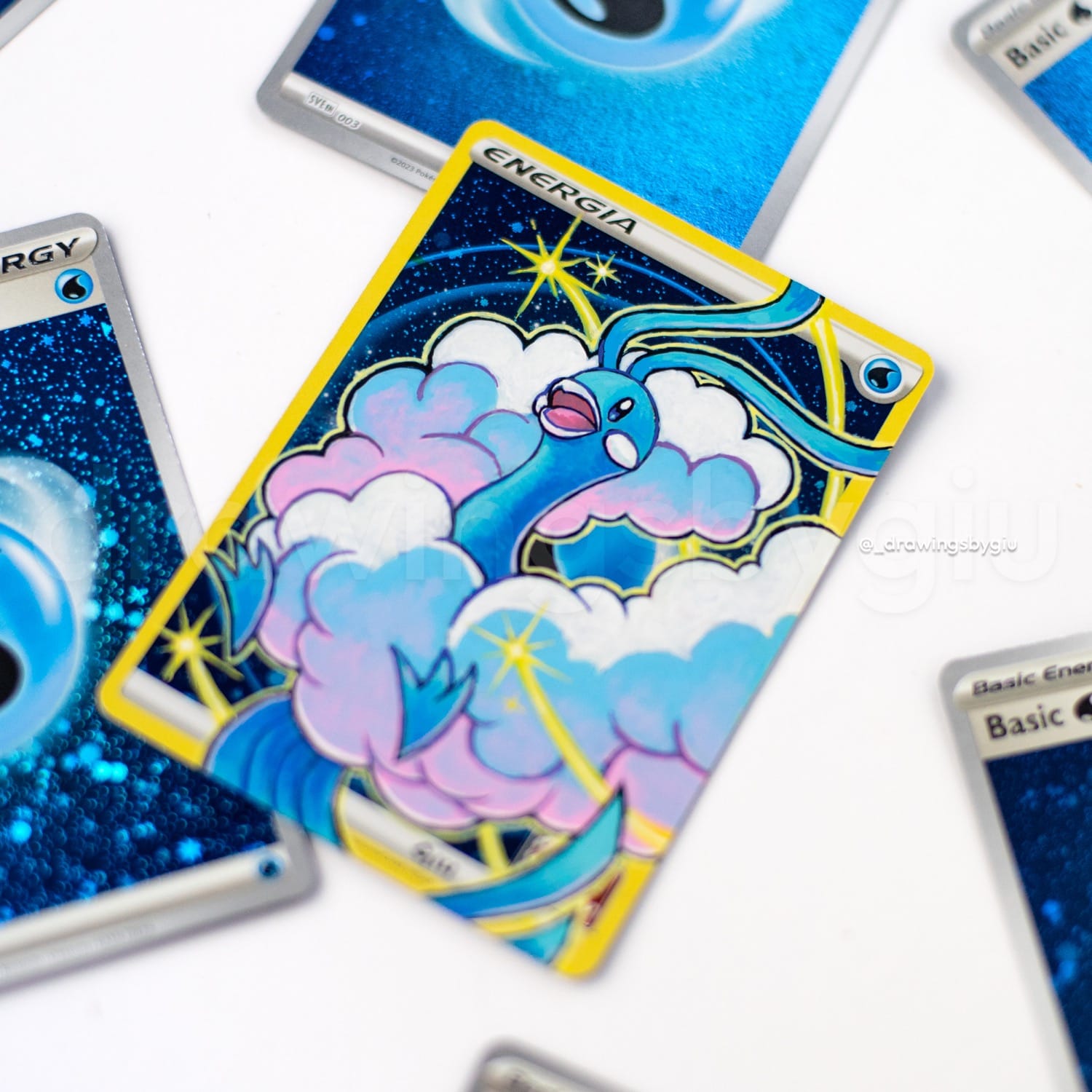 Hand-painted Altaria on Pokémon card by Giu Magnani.