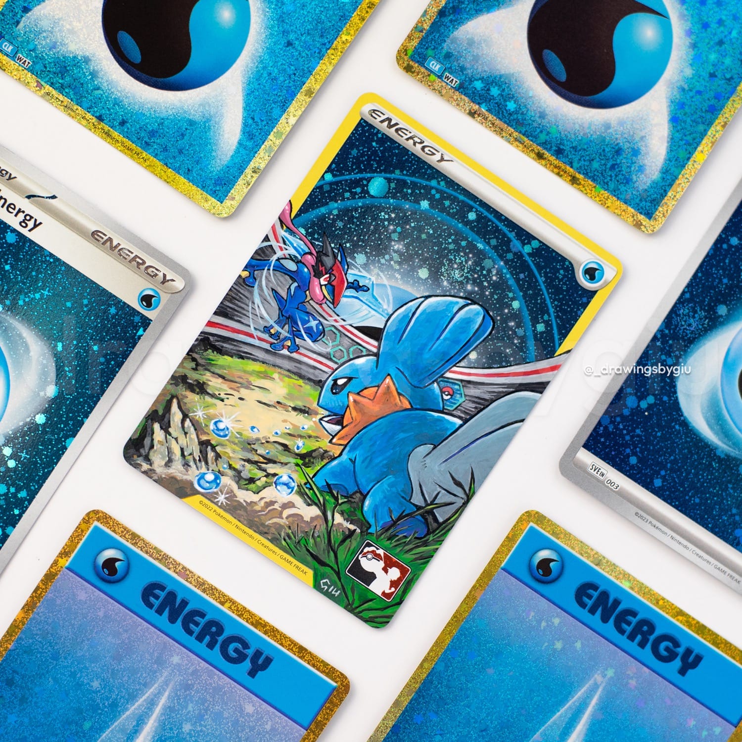 Hand-painted Mudkip vs Ash Greninja on Pokémon card by Giu Magnani.