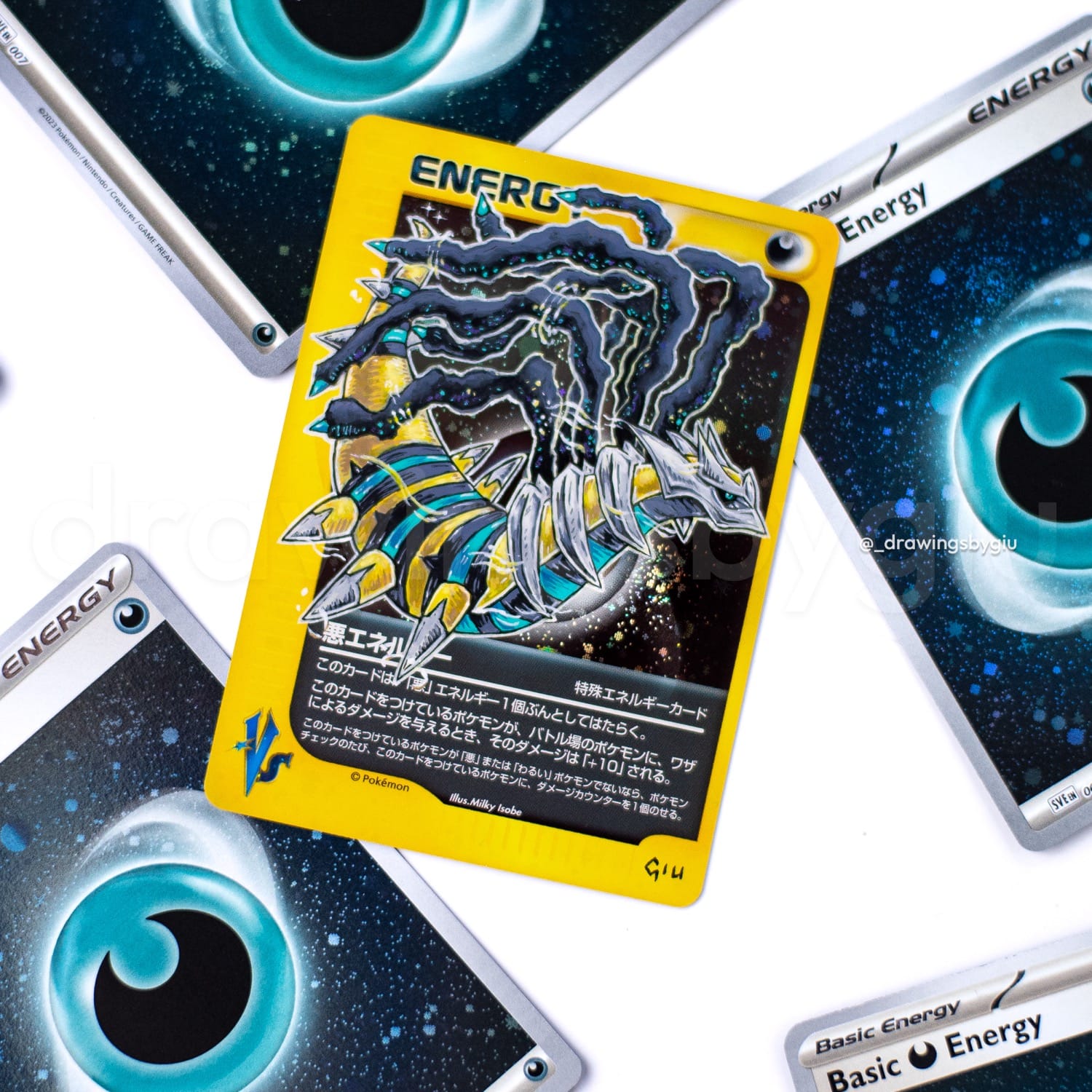 Hand-painted Shiny Giratina on Pokémon card by Giu Magnani.