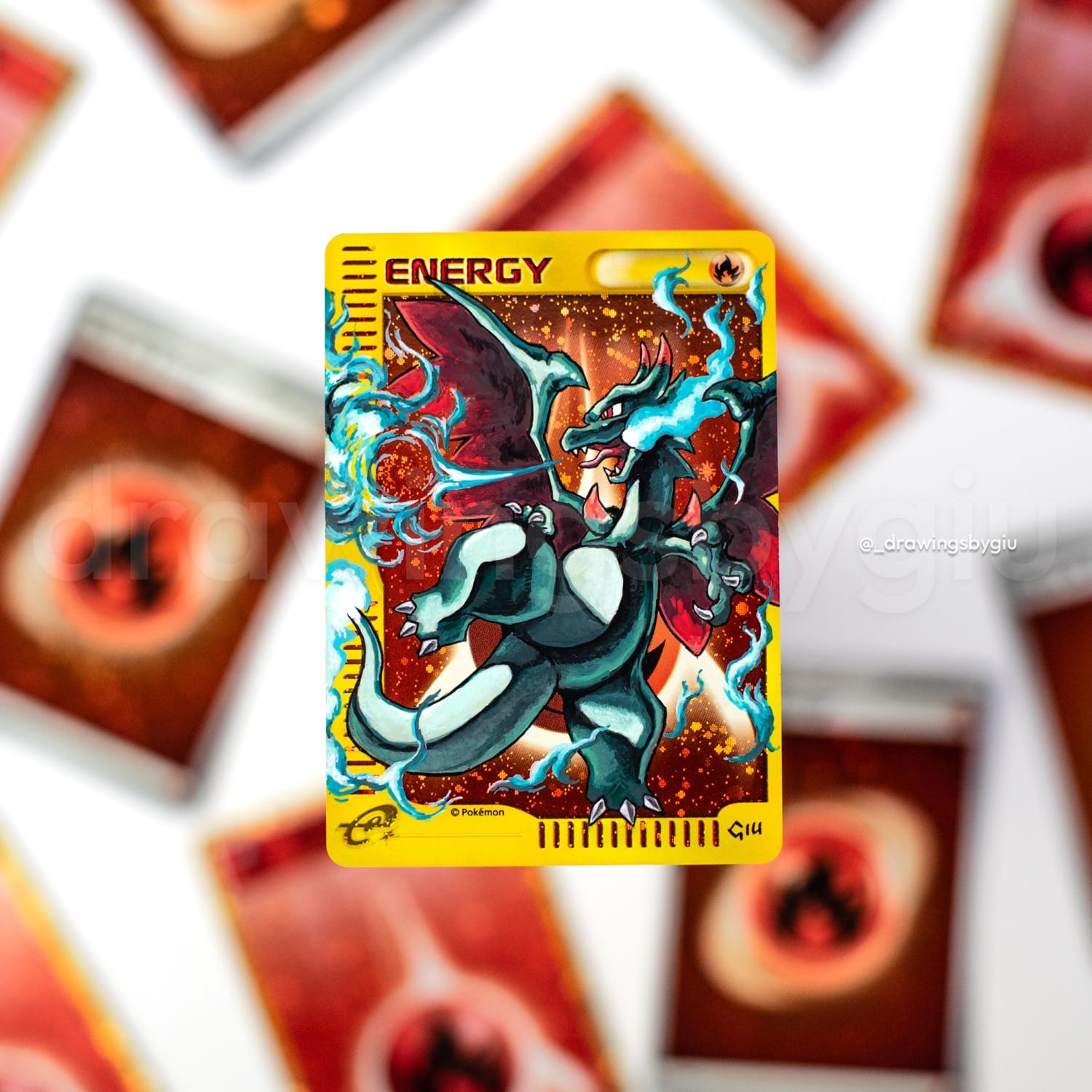 Hand-painted Shiny Mega Charizard X on Pokémon card by Giu Magnani.