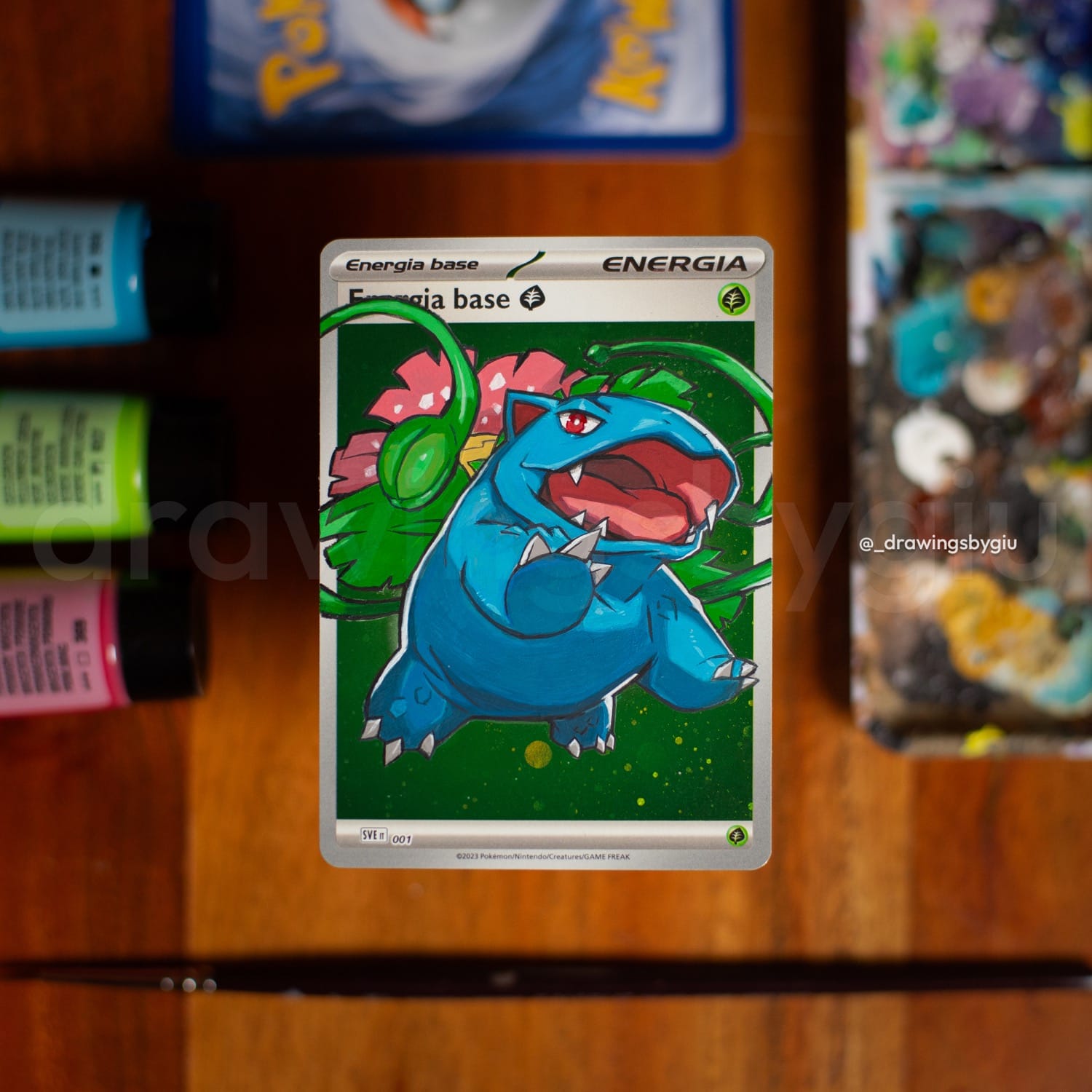 Hand-painted Venusaur on Pokémon card by Giu Magnani.