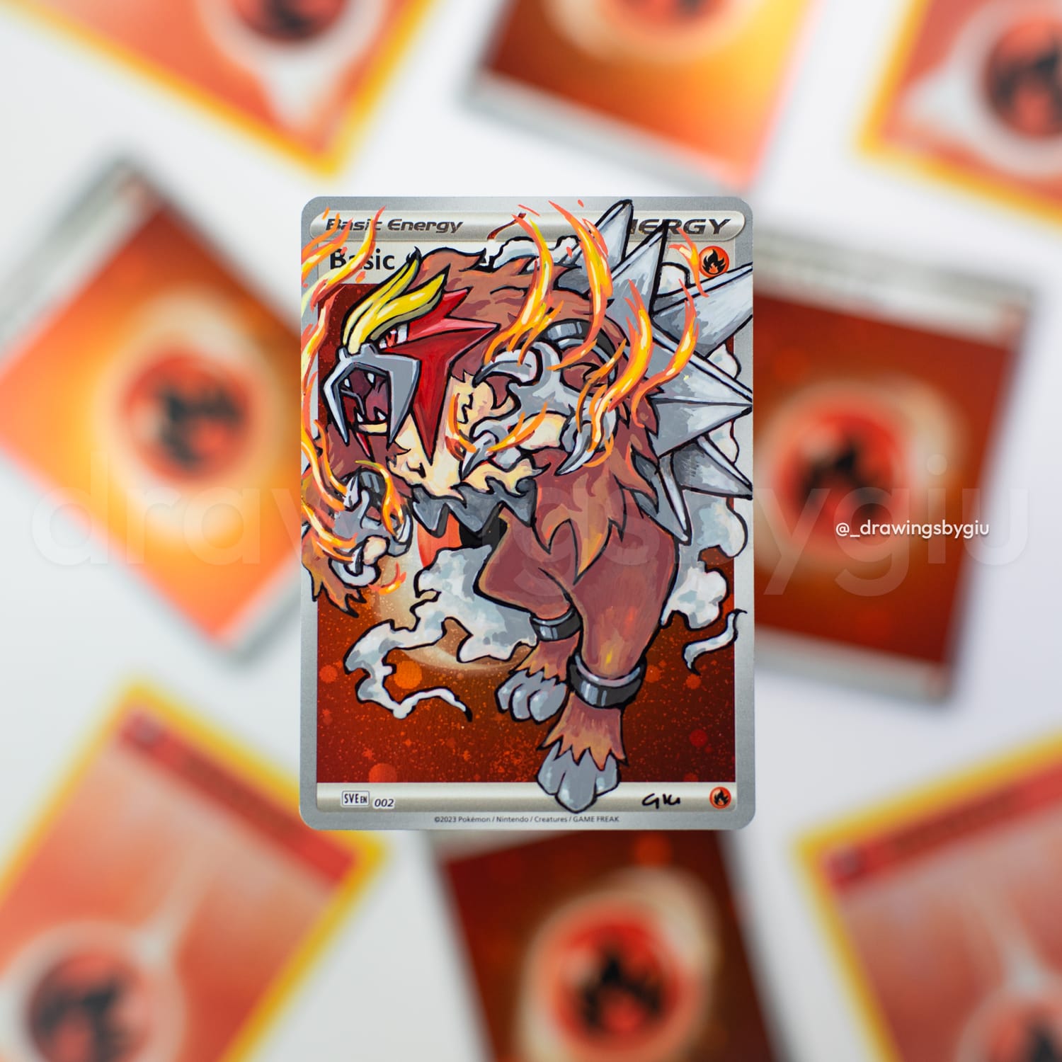 Hand-painted Entei on Pokémon card by Giu Magnani.