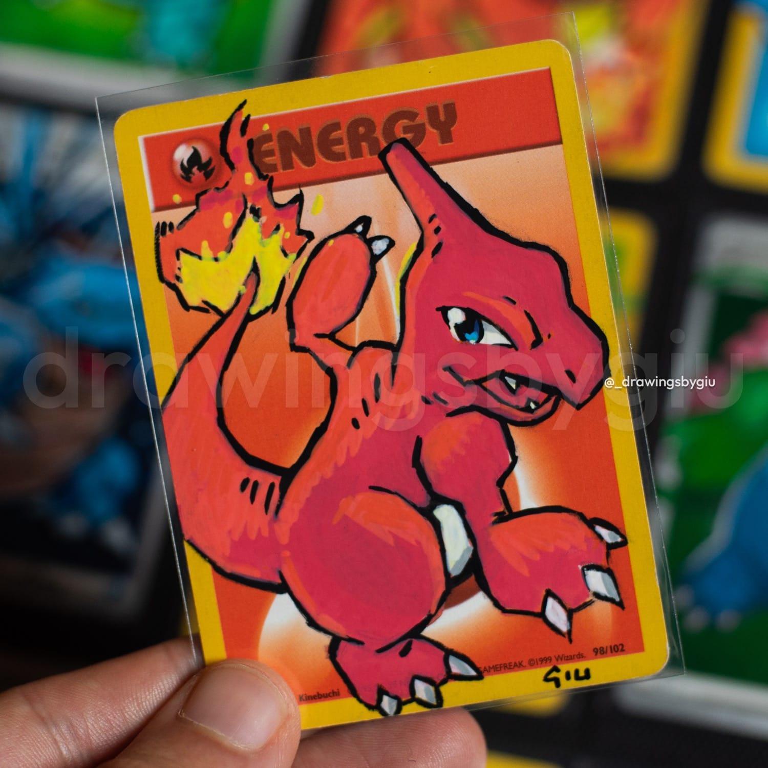 Hand-painted Charmeleon on Pokémon card by Giu Magnani.