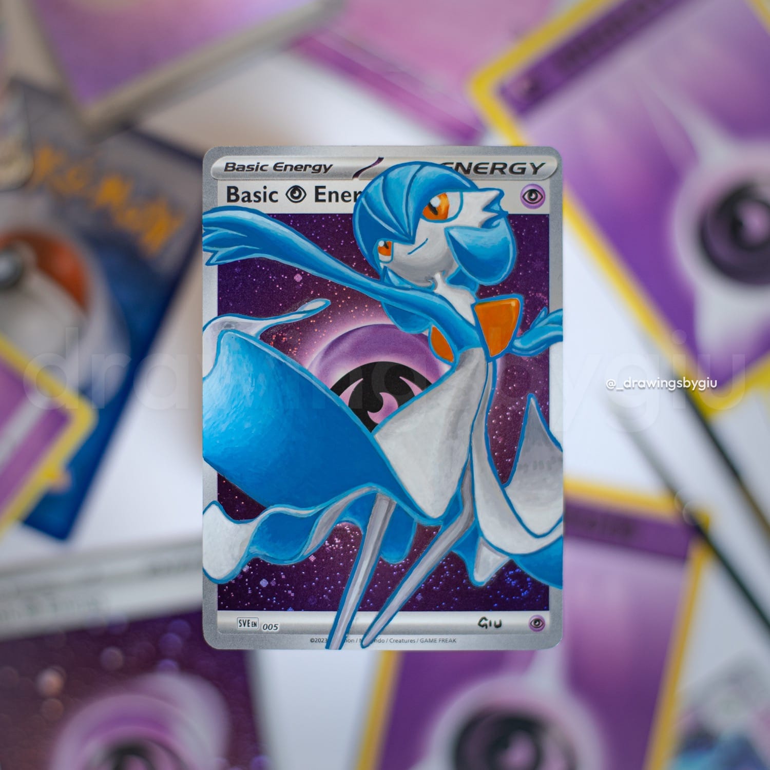 Hand-painted Shiny Gardevoir on Pokémon card by Giu Magnani.