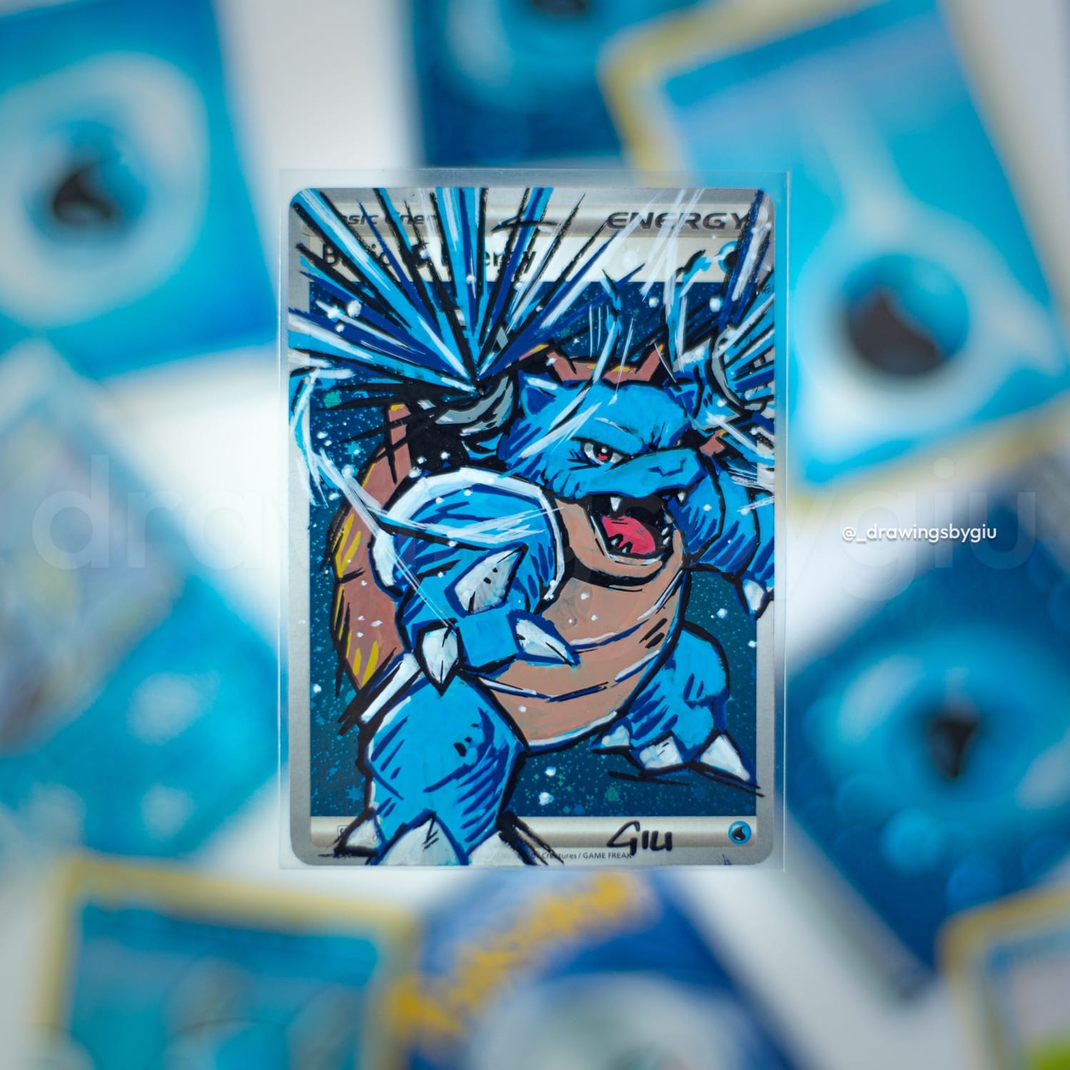 Hand-painted Blastoise on Pokémon card by Giu Magnani.
