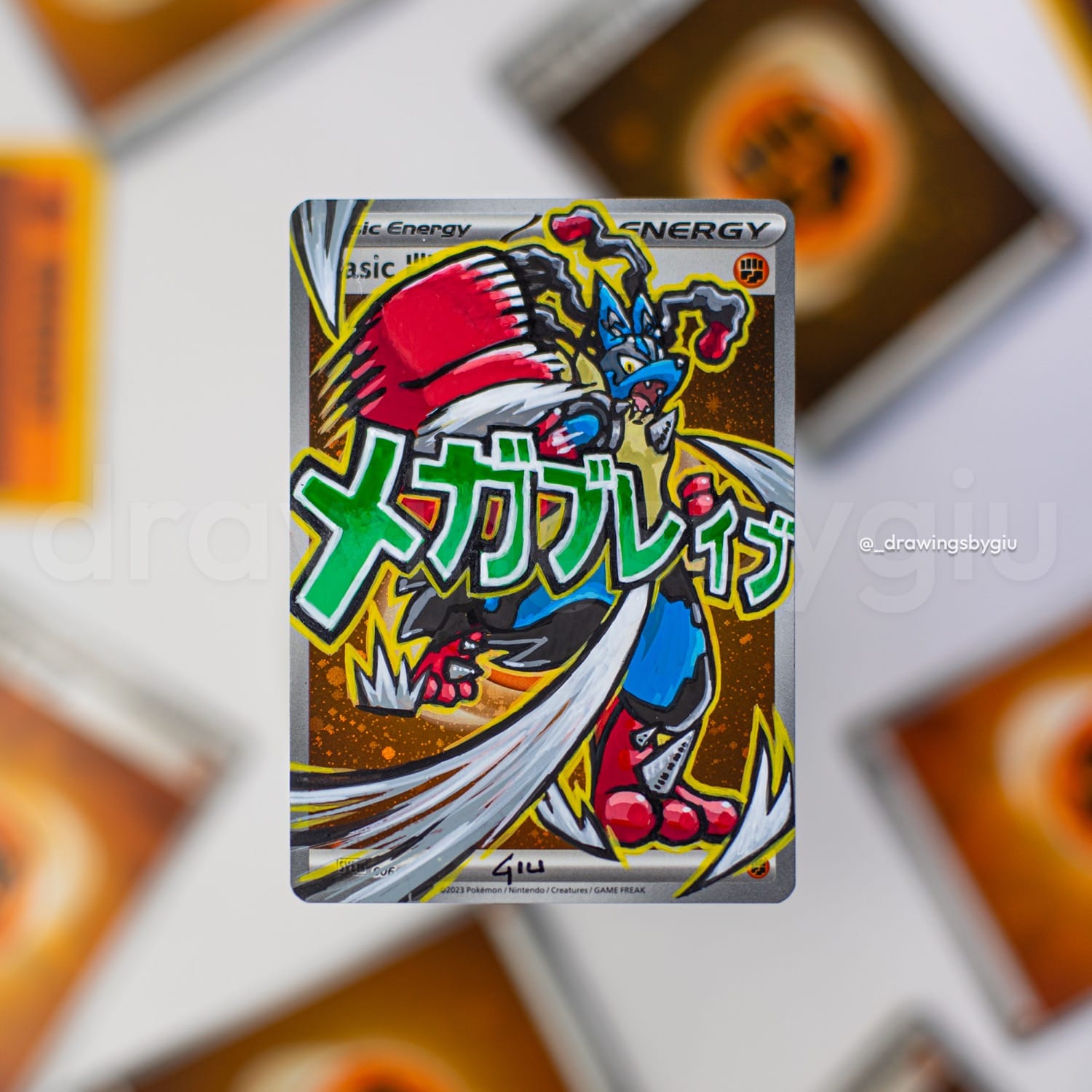 Hand-painted Mega Lucario on Pokémon card by Giu Magnani.
