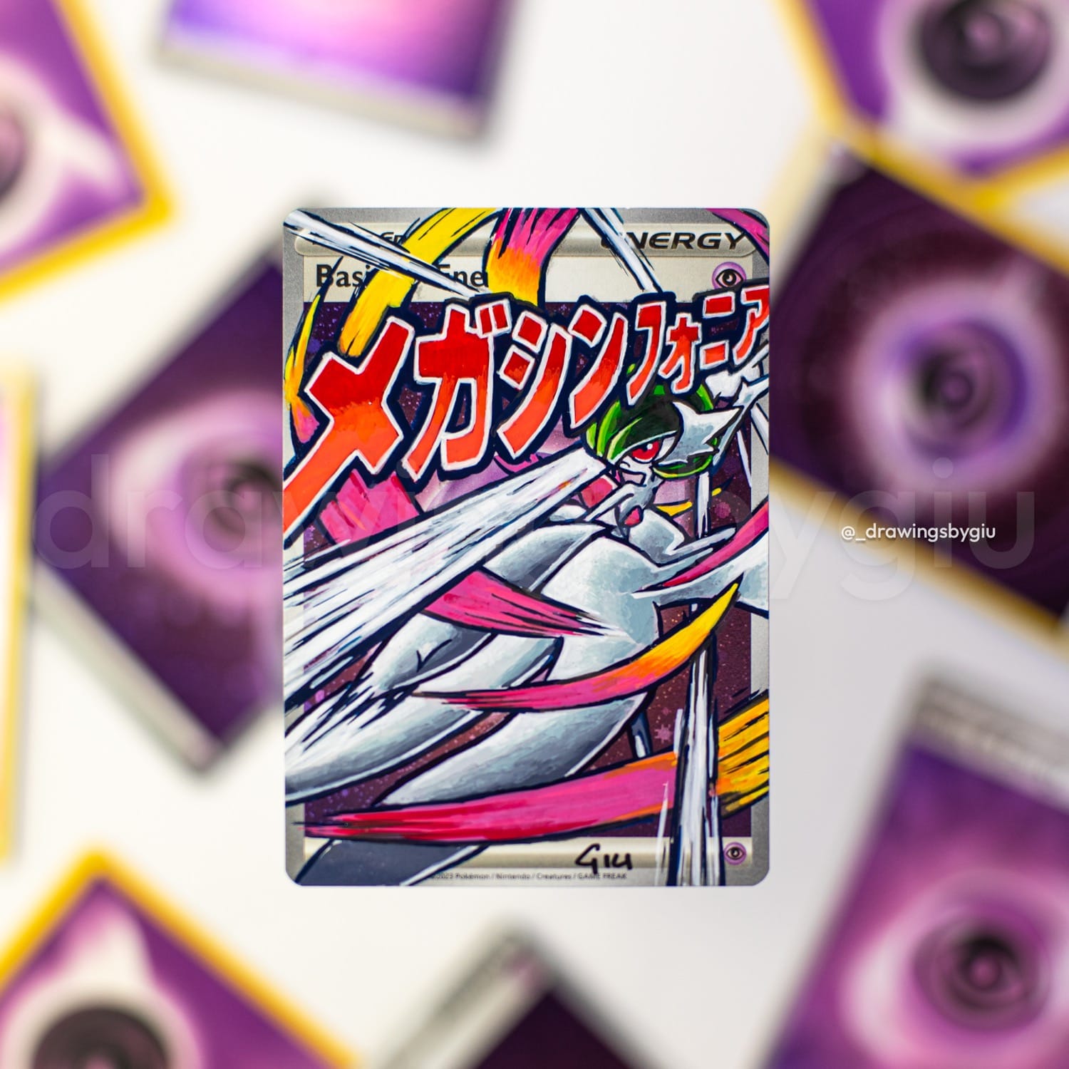 Hand-painted Mega Gardevoir on Pokémon card by Giu Magnani.