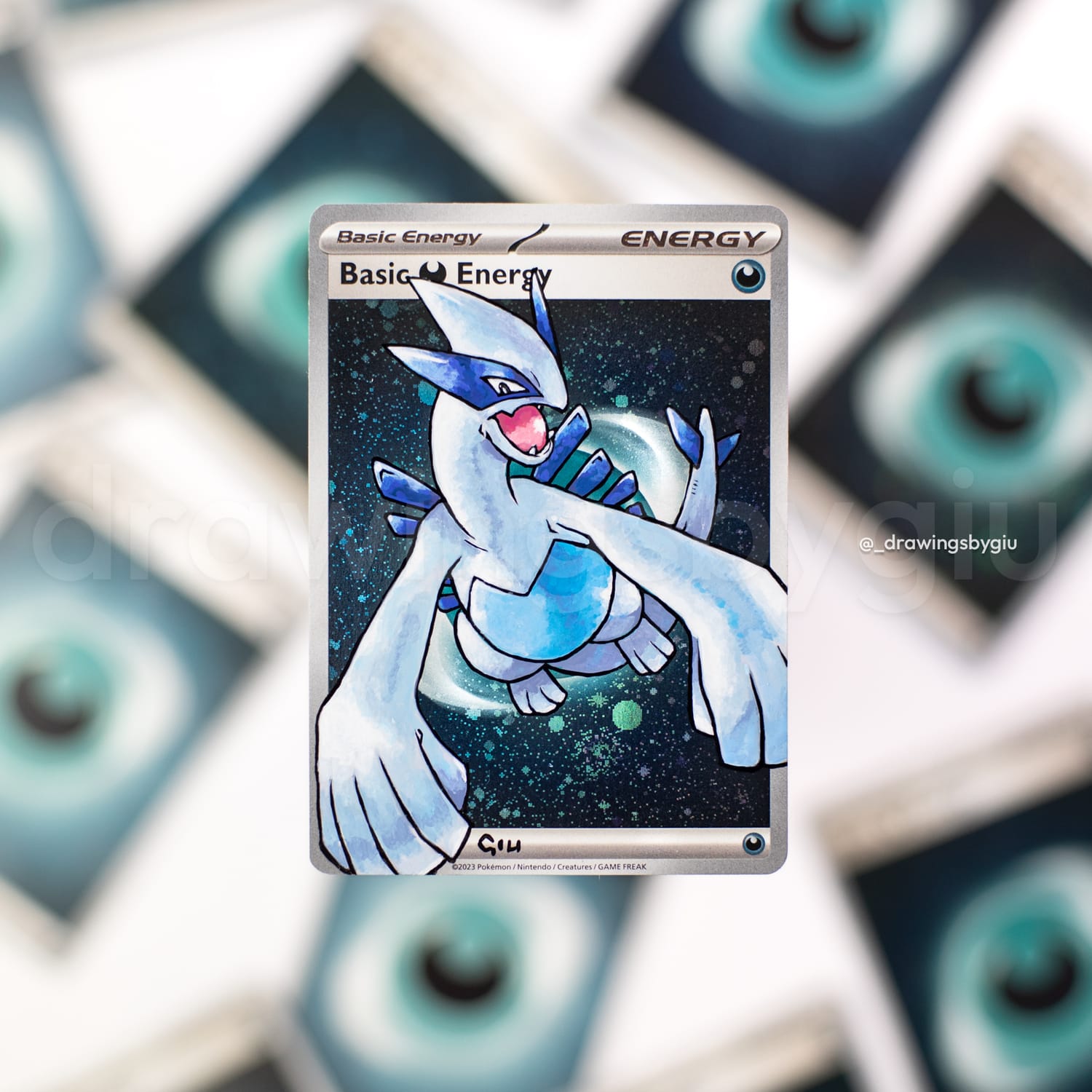 Hand-painted Lugia – Pokemon Silver on Pokémon card by Giu Magnani.