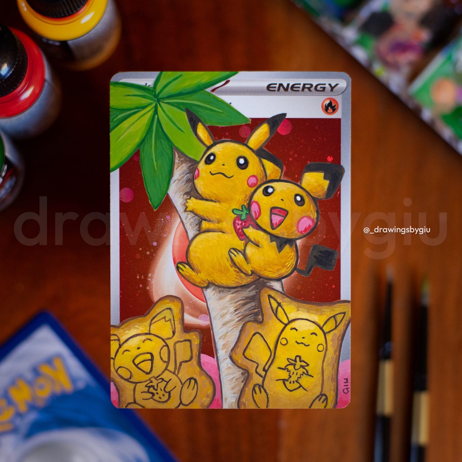 Hand-painted Pikachu & Pichu on Pokémon card by Giu Magnani.