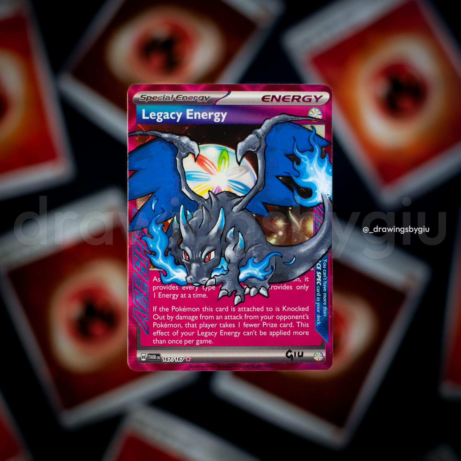 Hand-painted Mega Charizard X – EX 39 on Pokémon card by Giu Magnani.