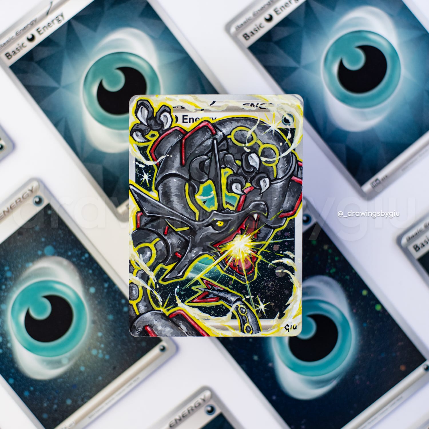 Hand-painted Shiny Rayquaza on Pokémon card by Giu Magnani.