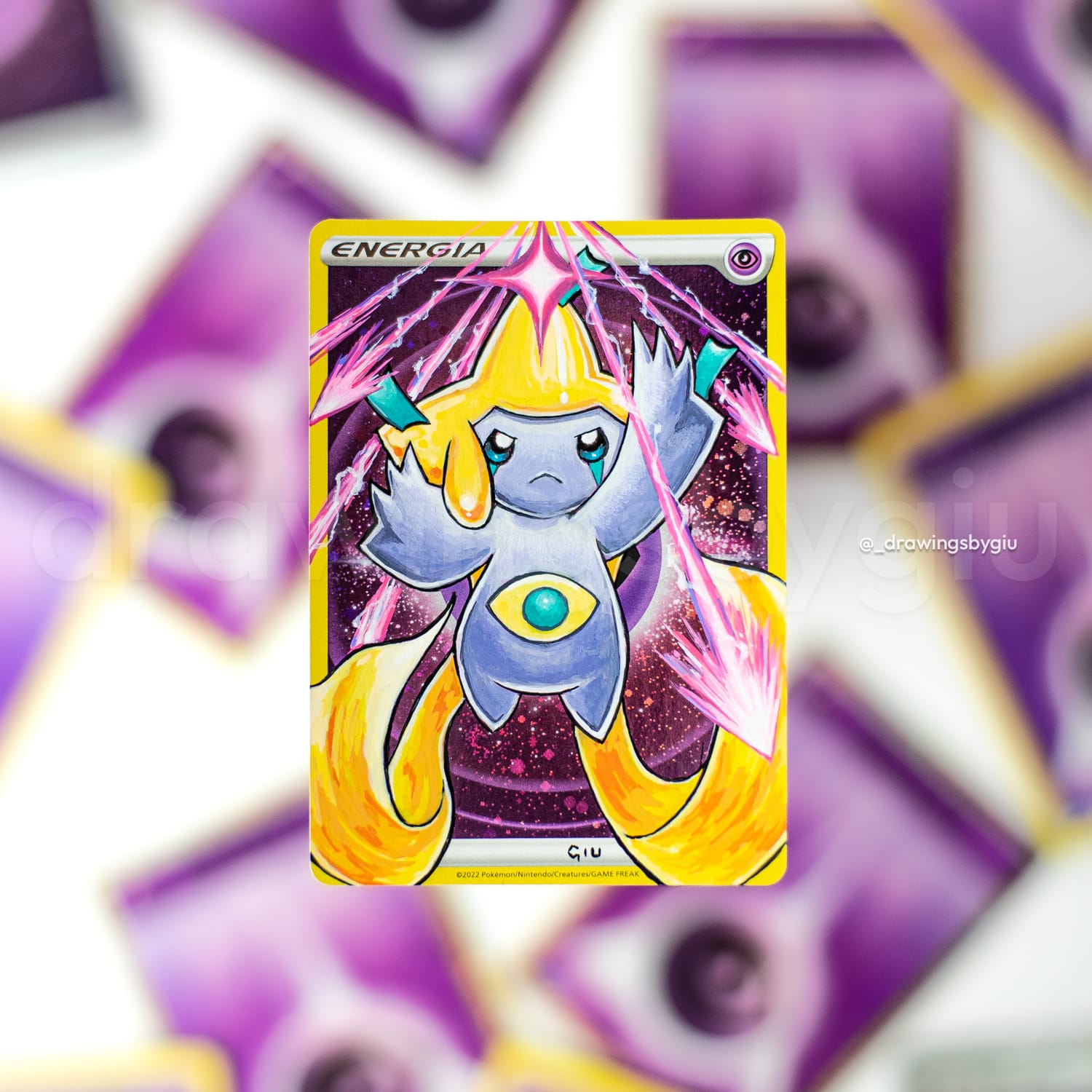 Hand-painted Jirachi on Pokémon card by Giu Magnani.