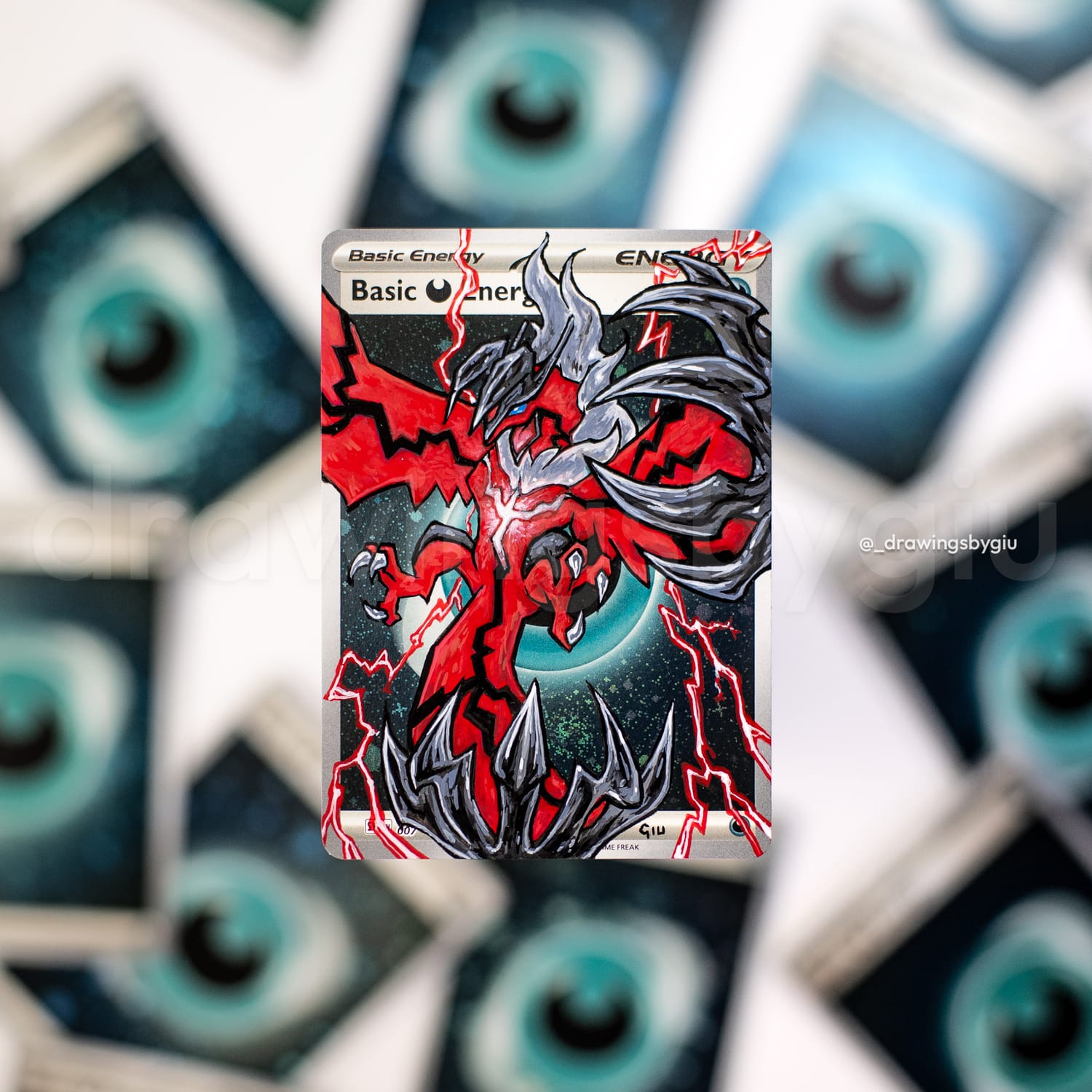 Hand-painted Yveltal on Pokémon card by Giu Magnani.