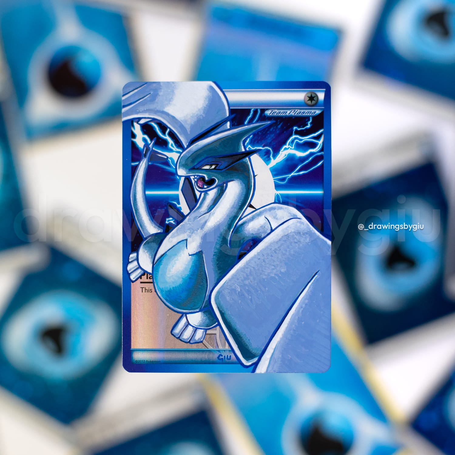 Hand-painted Plasma Lugia on Pokémon card by Giu Magnani.