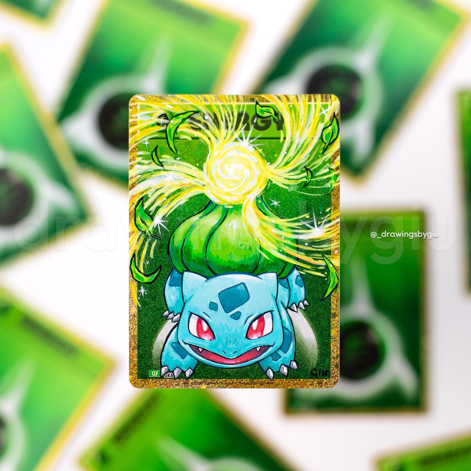 Hand-painted Bulbasaur on Pokémon card by Giu Magnani.