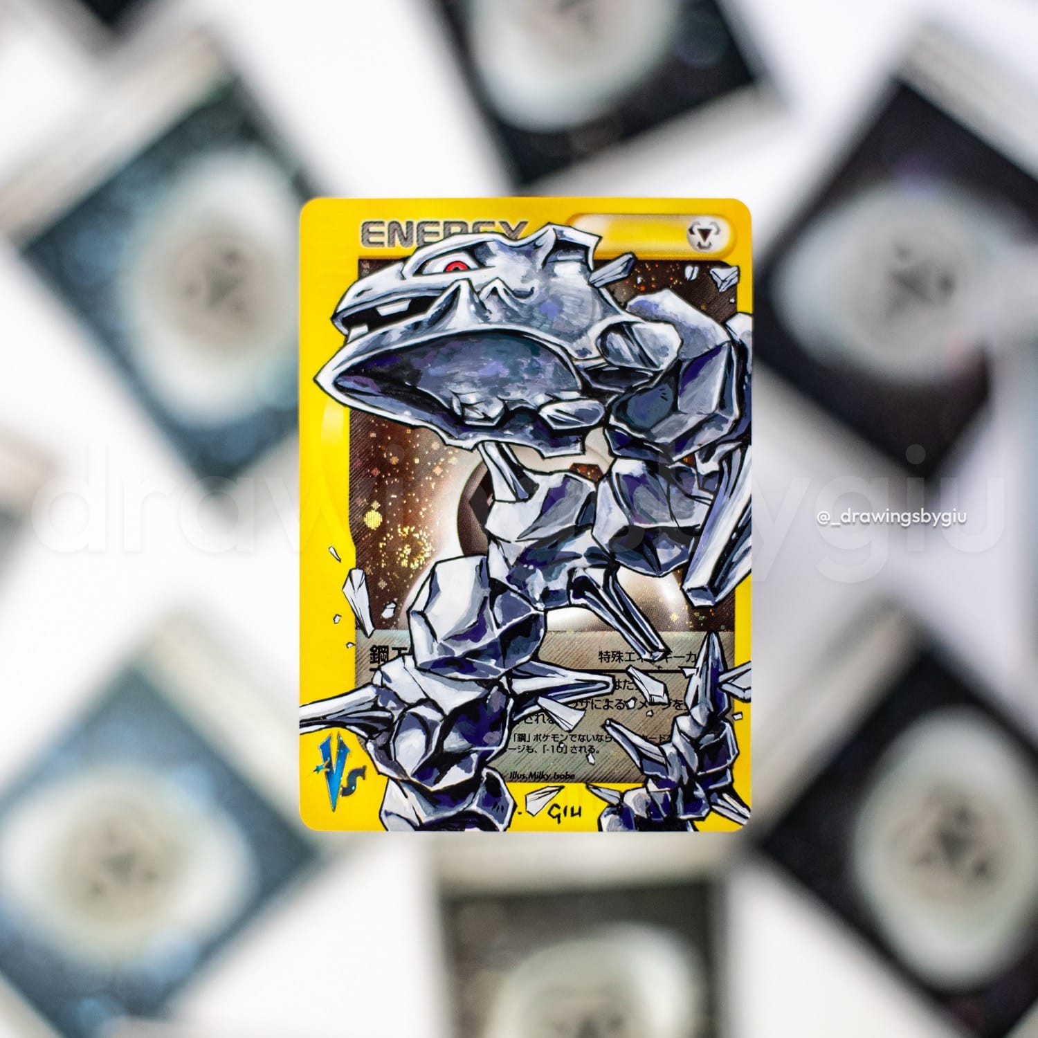 Hand-painted Steelix on Pokémon card by Giu Magnani.