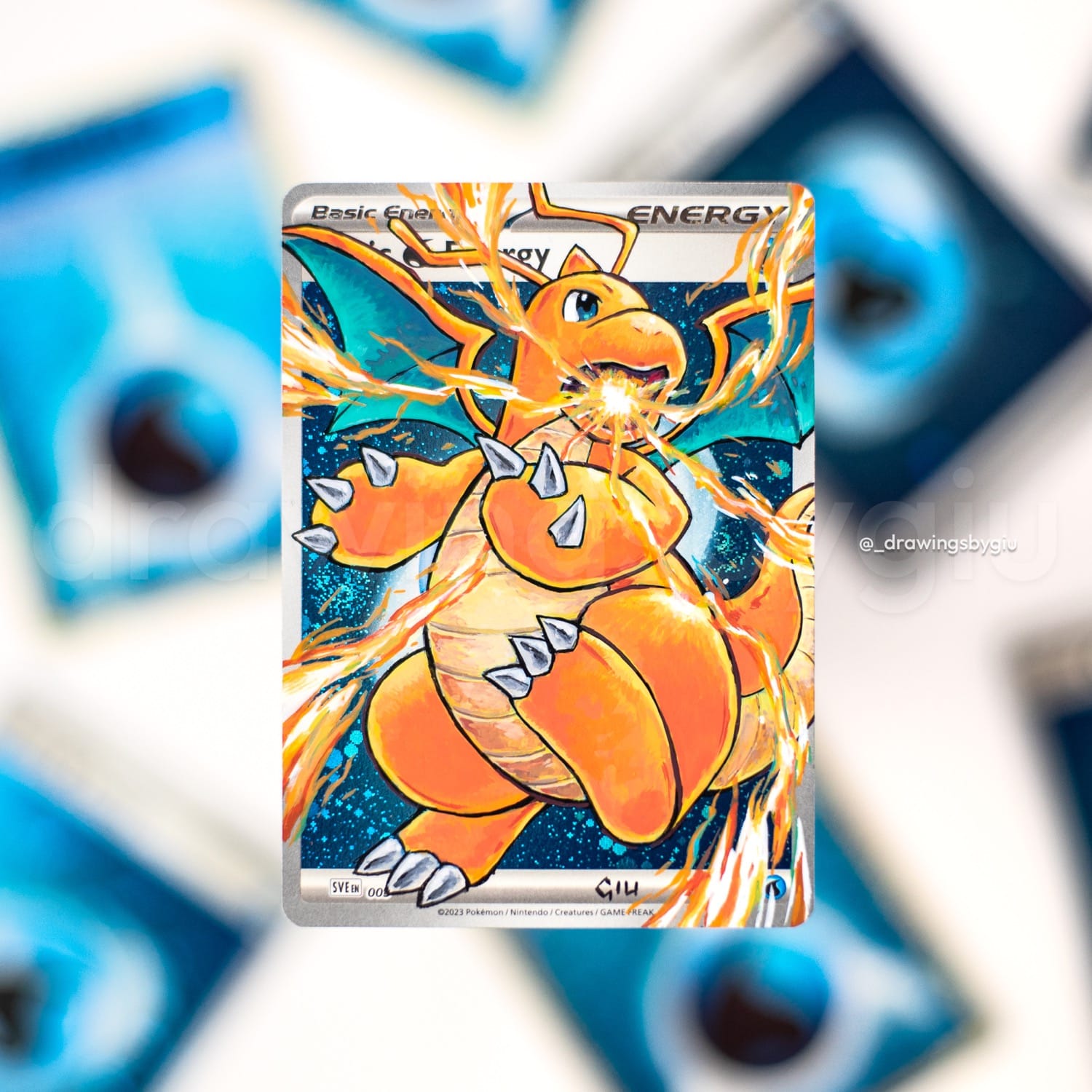 Hand-painted Dragonite on Pokémon card by Giu Magnani.