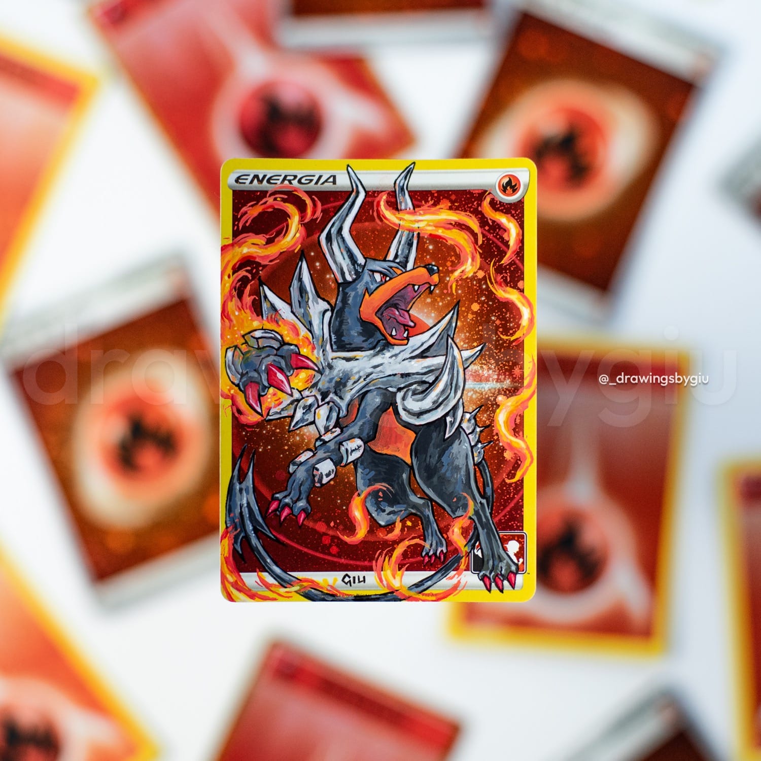 Hand-painted Mega Houndoom on Pokémon card by Giu Magnani.
