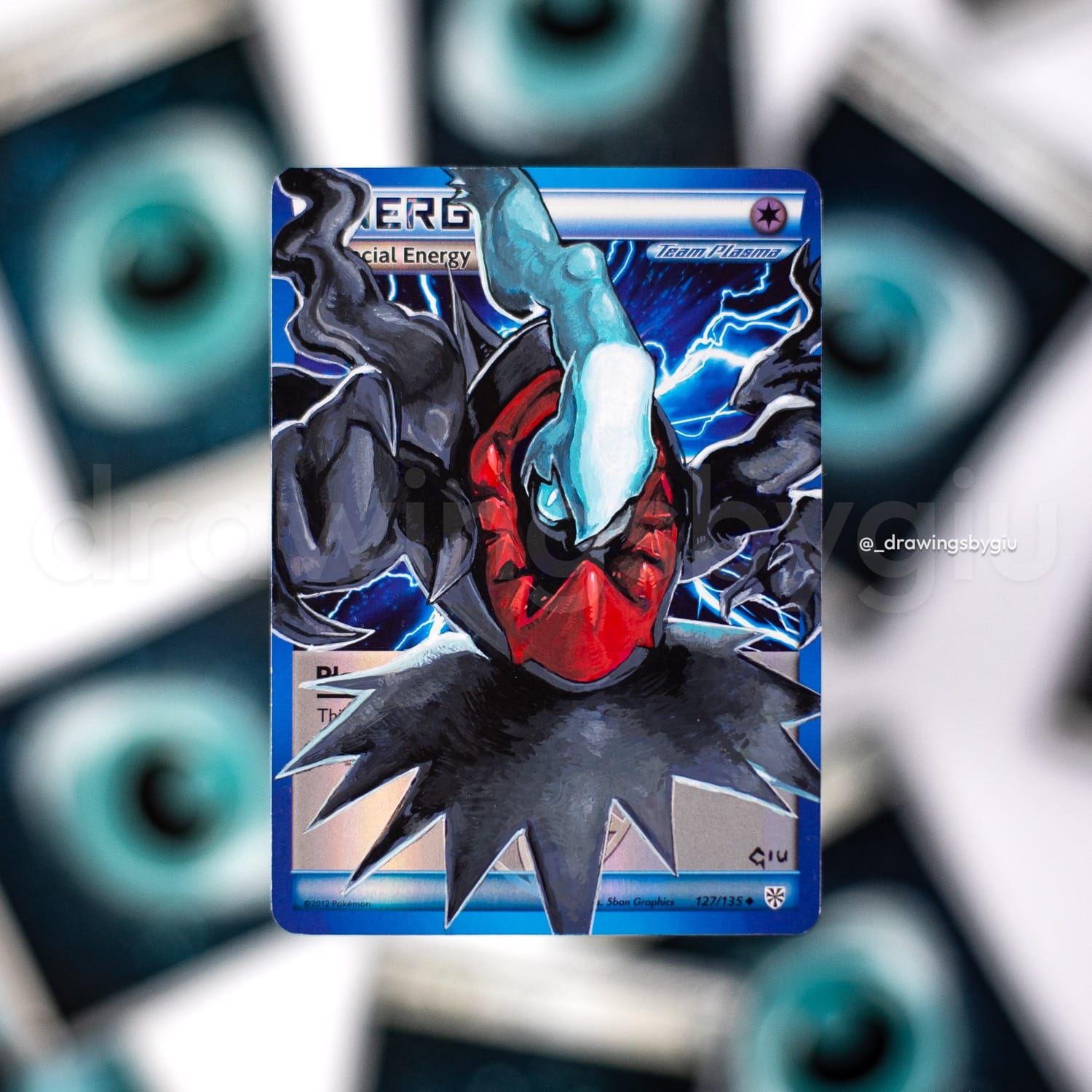 Hand-painted Plasma Darkrai on Pokémon card by Giu Magnani.
