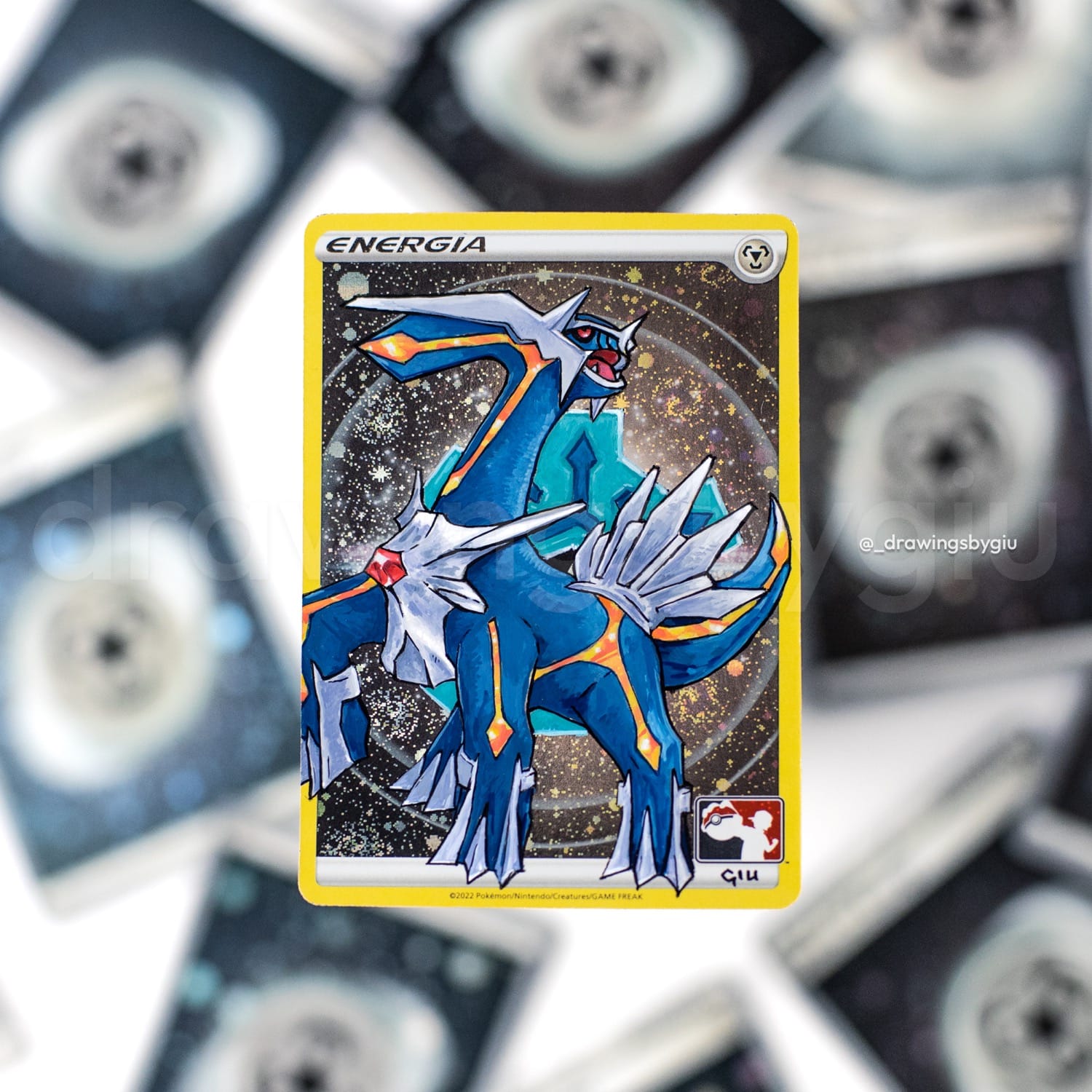 Hand-painted Primal Dialga on Pokémon card by Giu Magnani.