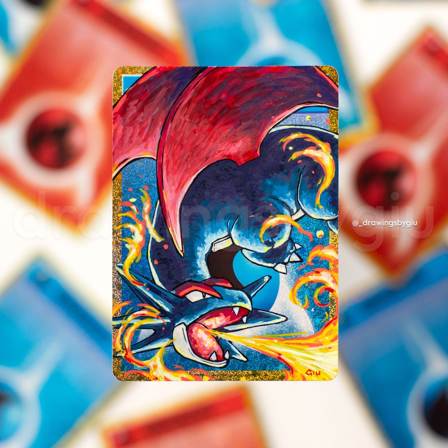 Hand-painted Salamence on Pokémon card by Giu Magnani.