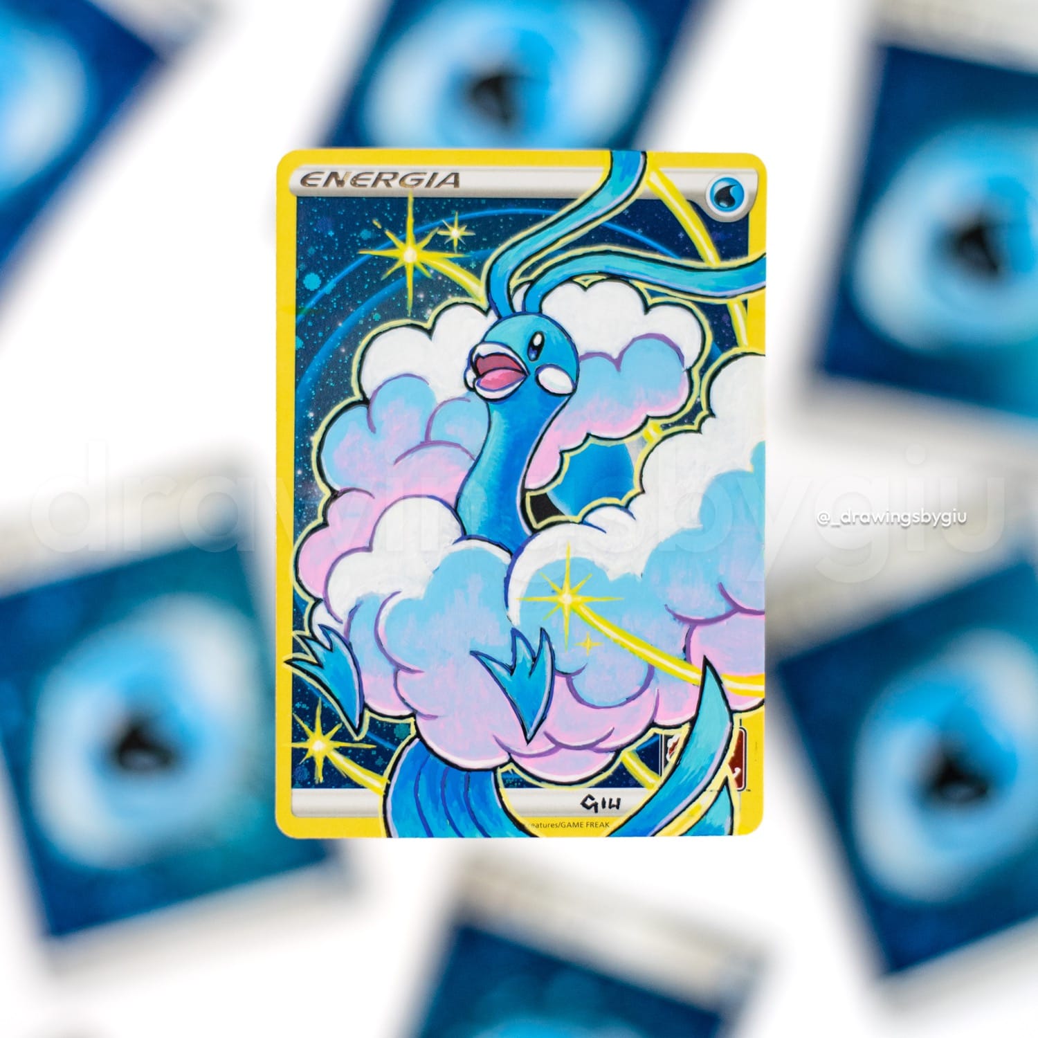 Hand-painted Altaria on Pokémon card by Giu Magnani.