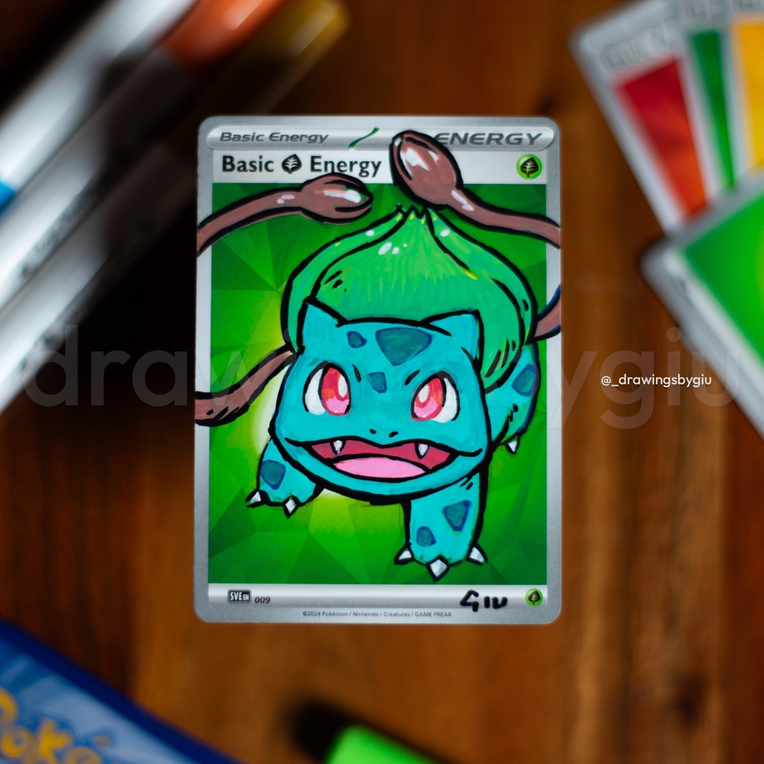 Hand-painted Bulbasaur on Pokémon card by Giu Magnani.