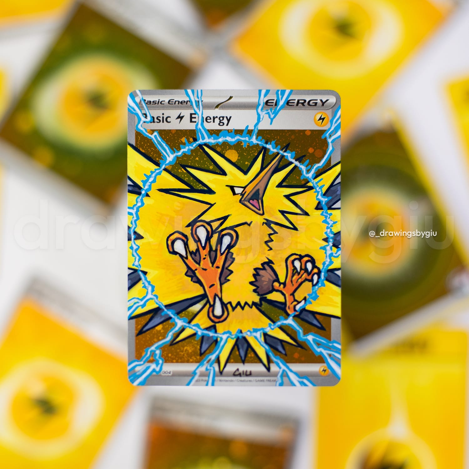Hand-painted Zapdos II on Pokémon card by Giu Magnani.