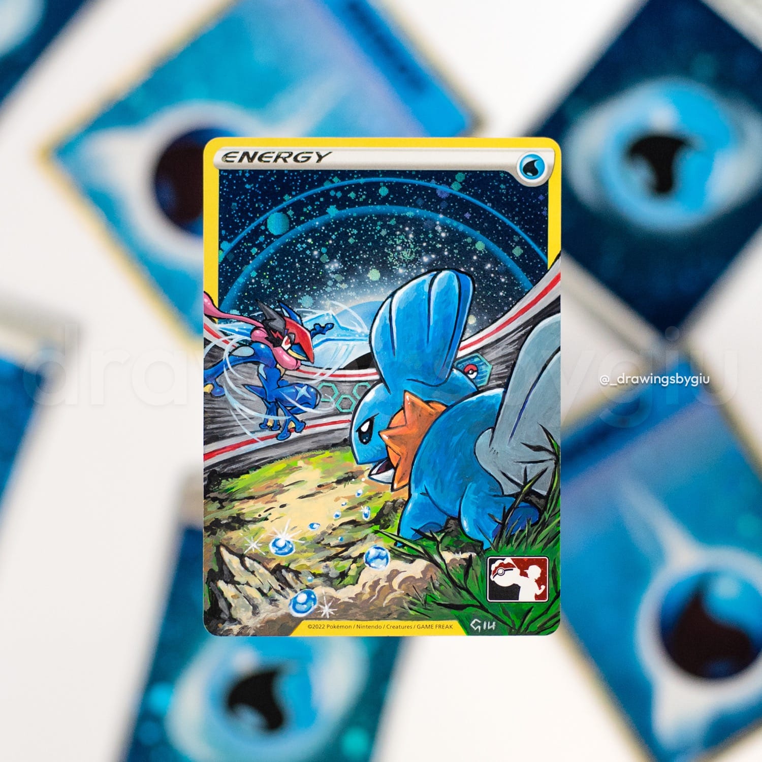 Hand-painted Mudkip vs Ash Greninja on Pokémon card by Giu Magnani.