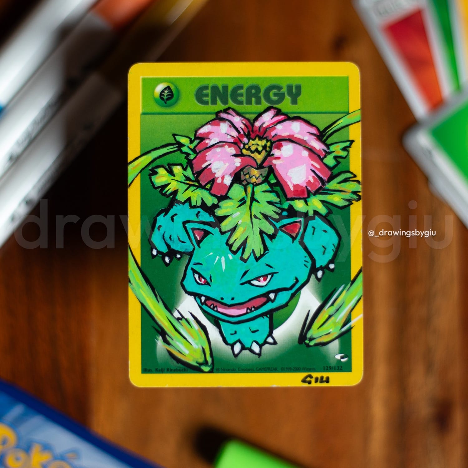 Hand-painted Venusaur II on Pokémon card by Giu Magnani.