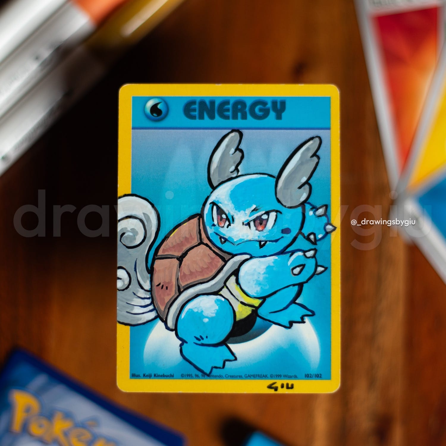 Hand-painted Wartortle on Pokémon card by Giu Magnani.