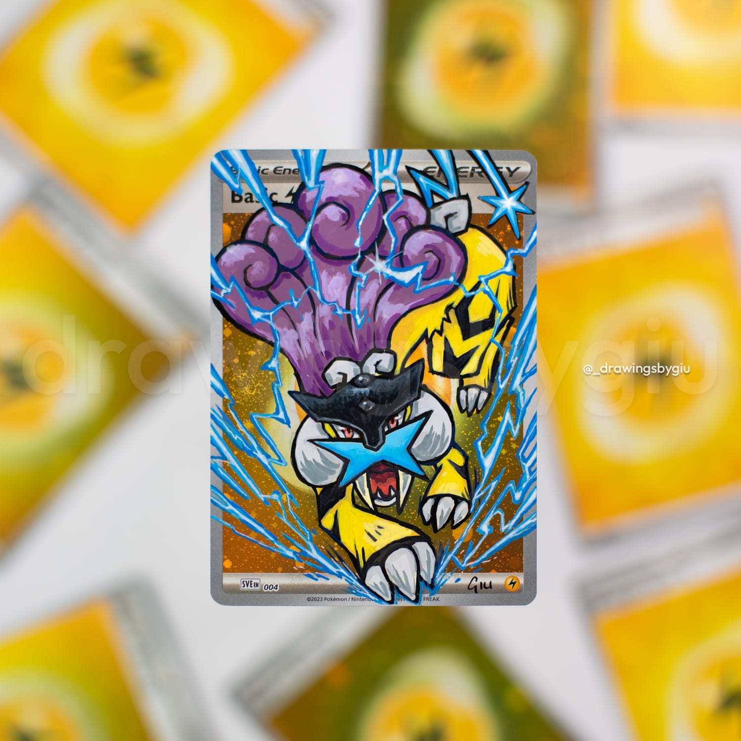 Hand-painted Raikou on Pokémon card by Giu Magnani.
