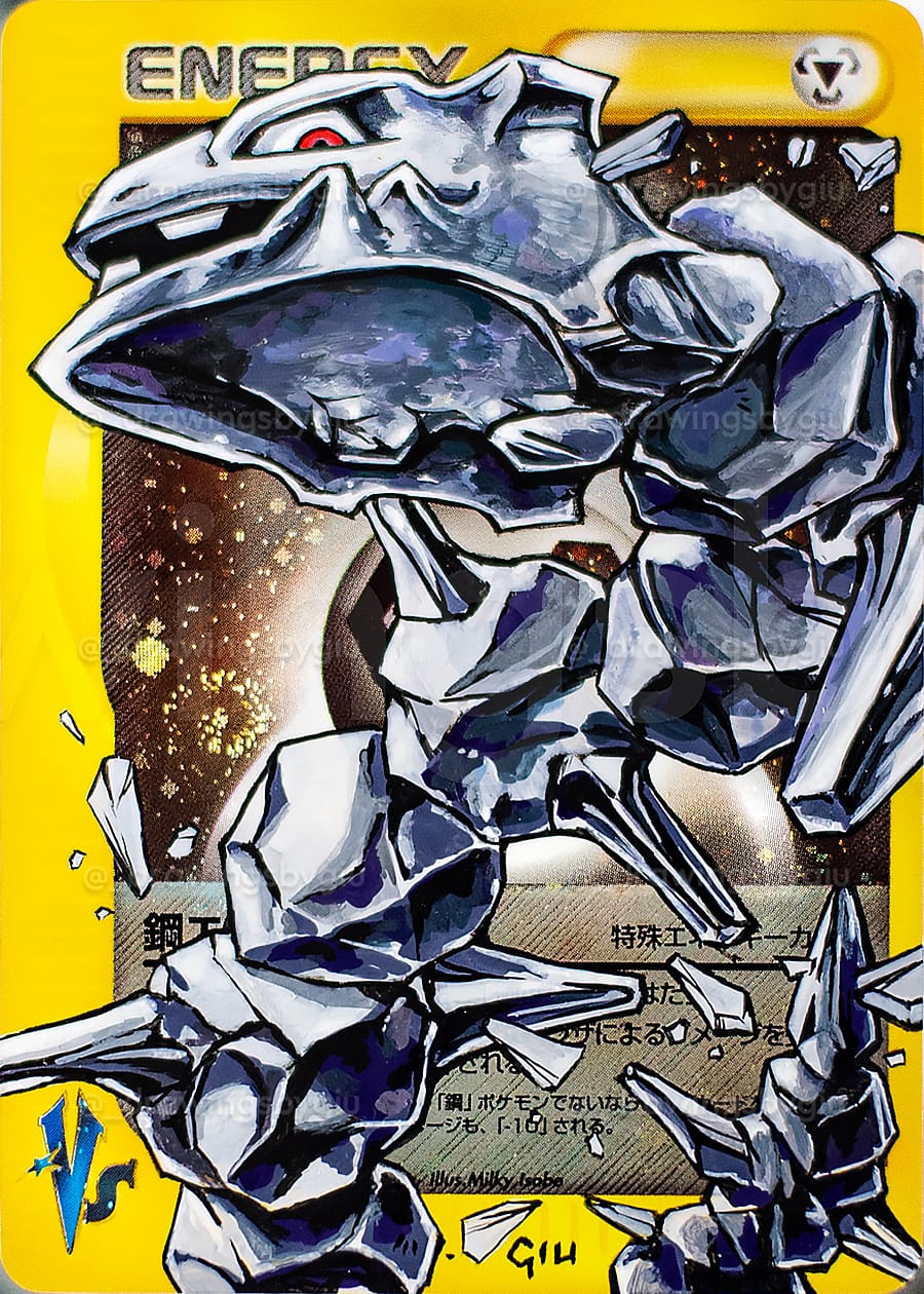 Hand-painted Steelix on Pokémon card by Giu Magnani.
