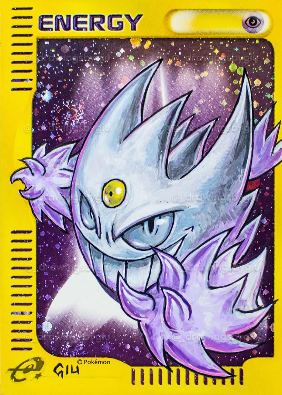 Hand-painted Shiny Mega Gengar on Pokémon card by Giu Magnani.