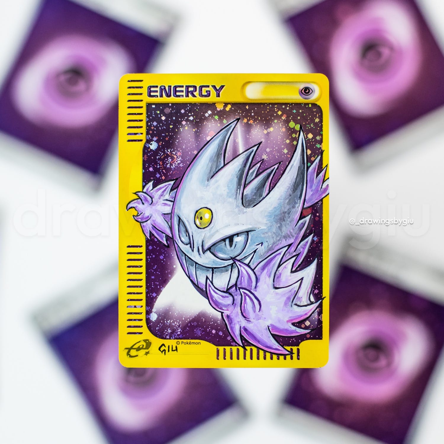 Hand-painted Shiny Mega Gengar on Pokémon card by Giu Magnani.