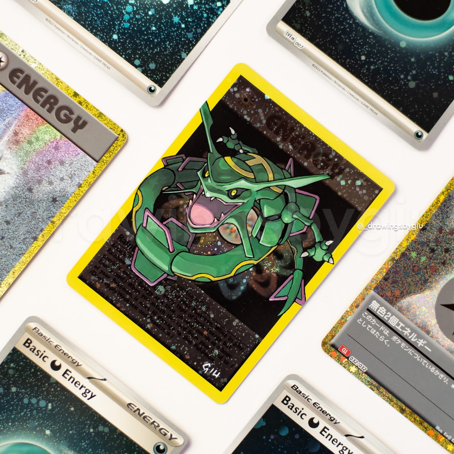 Hand-painted Rayquaza – Pokemon Emerald on Pokémon card by Giu Magnani.