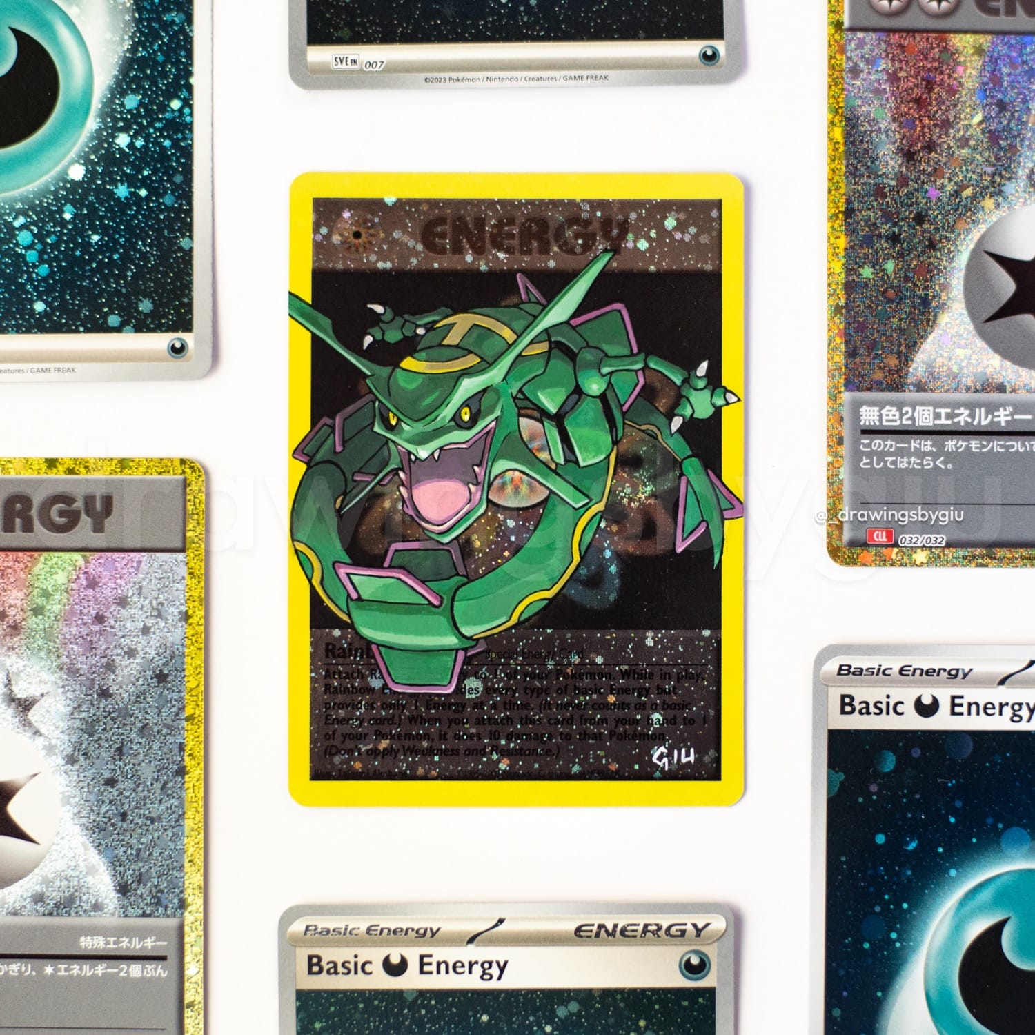 Hand-painted Rayquaza – Pokemon Emerald on Pokémon card by Giu Magnani.