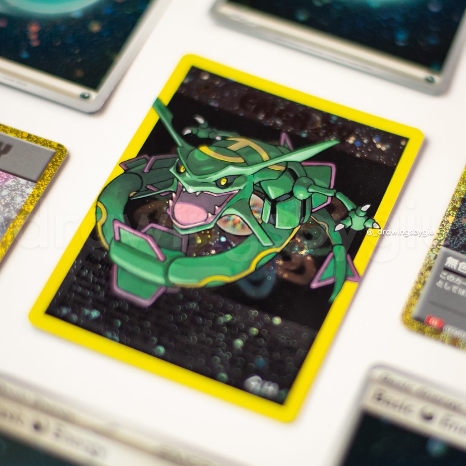 Hand-painted Rayquaza – Pokemon Emerald on Pokémon card by Giu Magnani.
