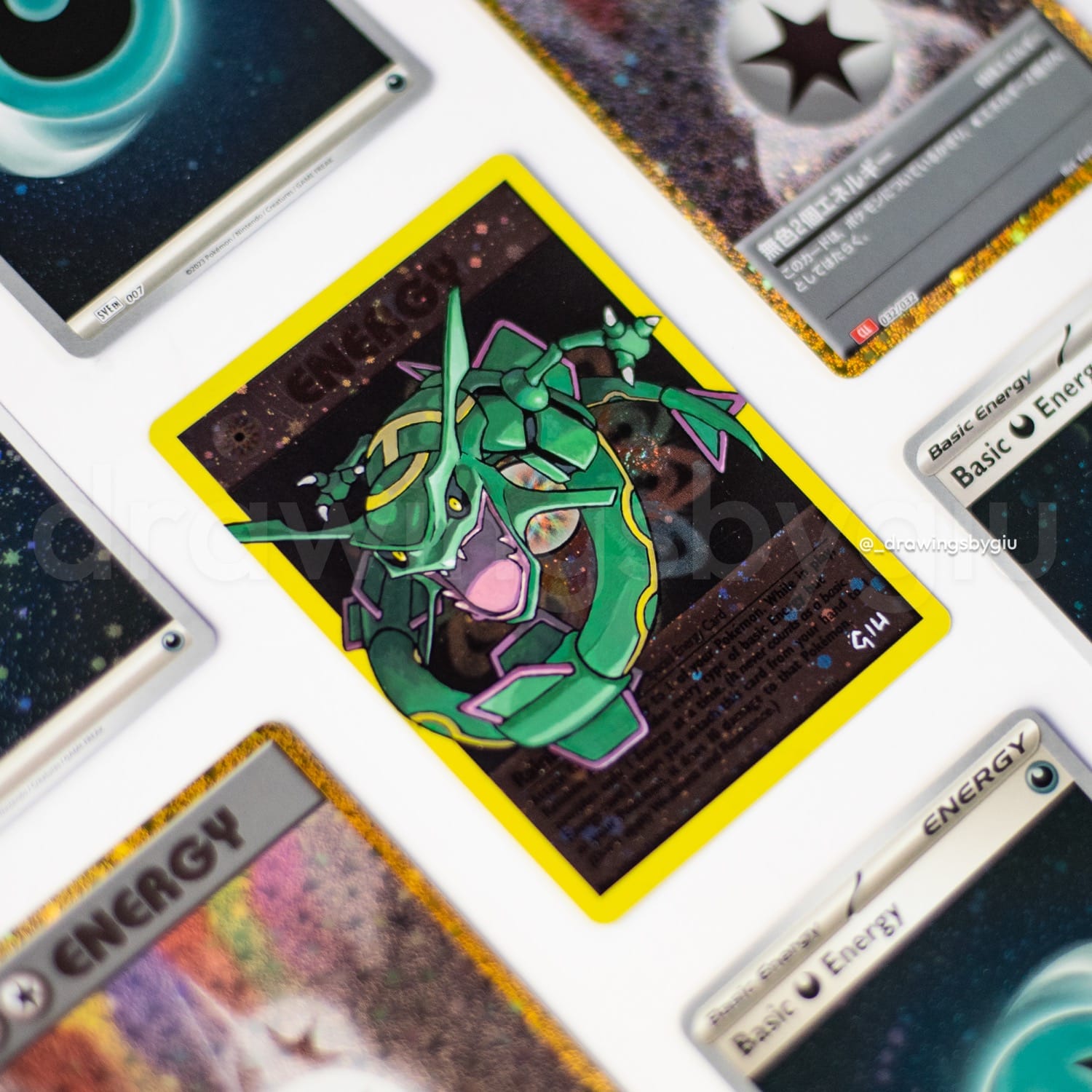 Hand-painted Rayquaza – Pokemon Emerald on Pokémon card by Giu Magnani.