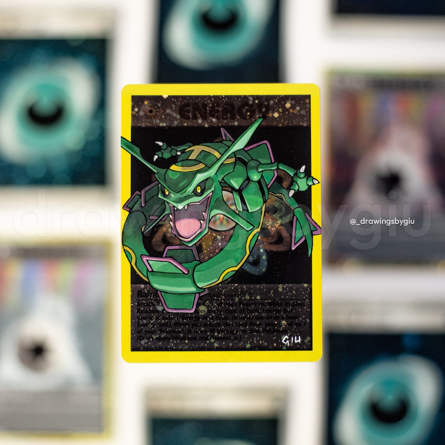 Hand-painted Rayquaza – Pokemon Emerald on Pokémon card by Giu Magnani.