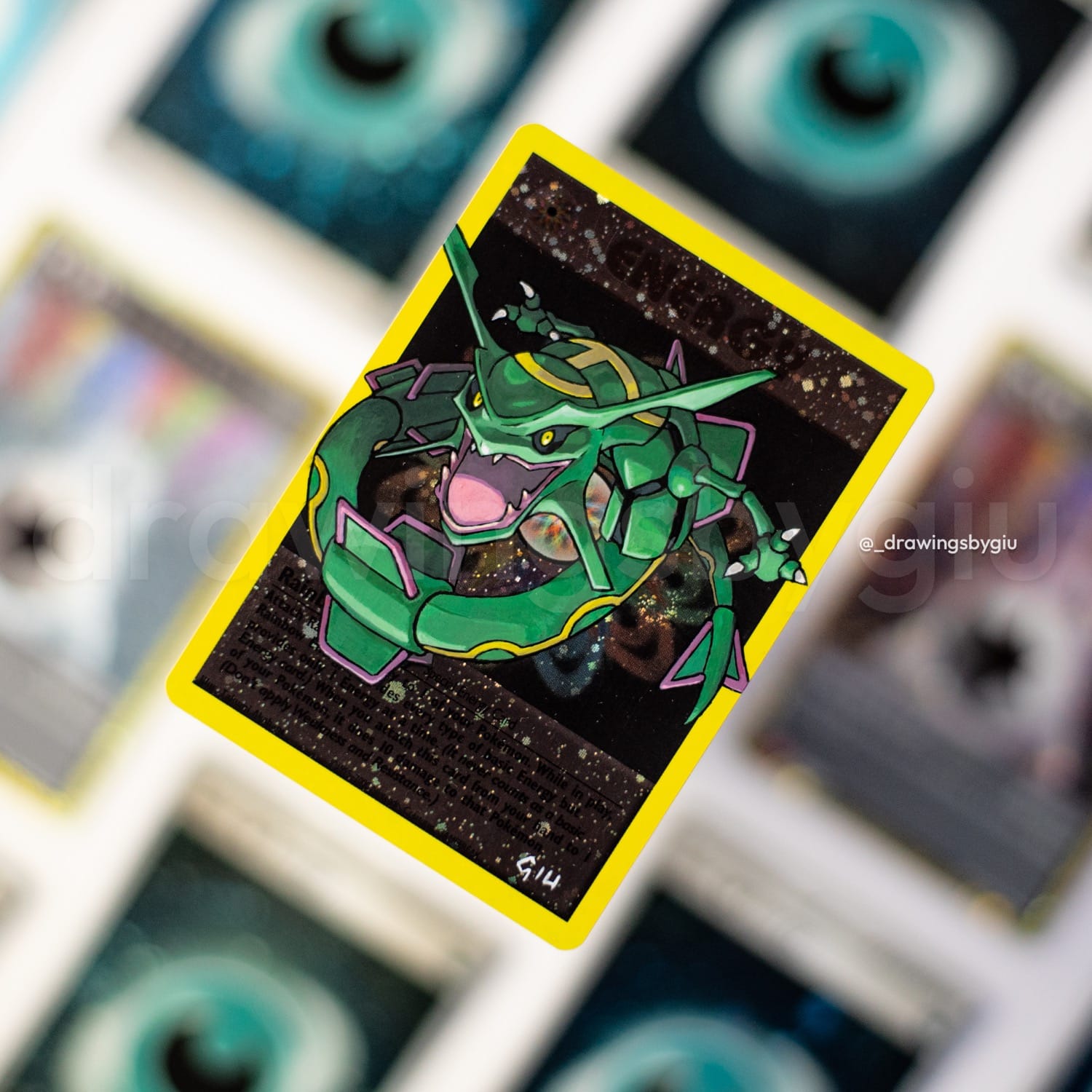Hand-painted Rayquaza – Pokemon Emerald on Pokémon card by Giu Magnani.